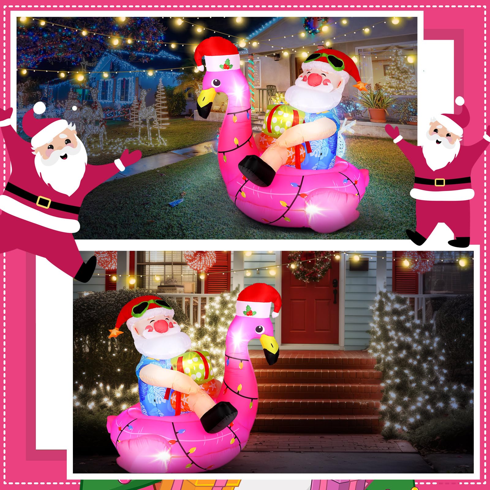Christmas Inflatable Outdoor Yard Decoration 5ft Hawaiian Santa Claus on Flamingo Inflatable Decoration with LED Light Christmas
