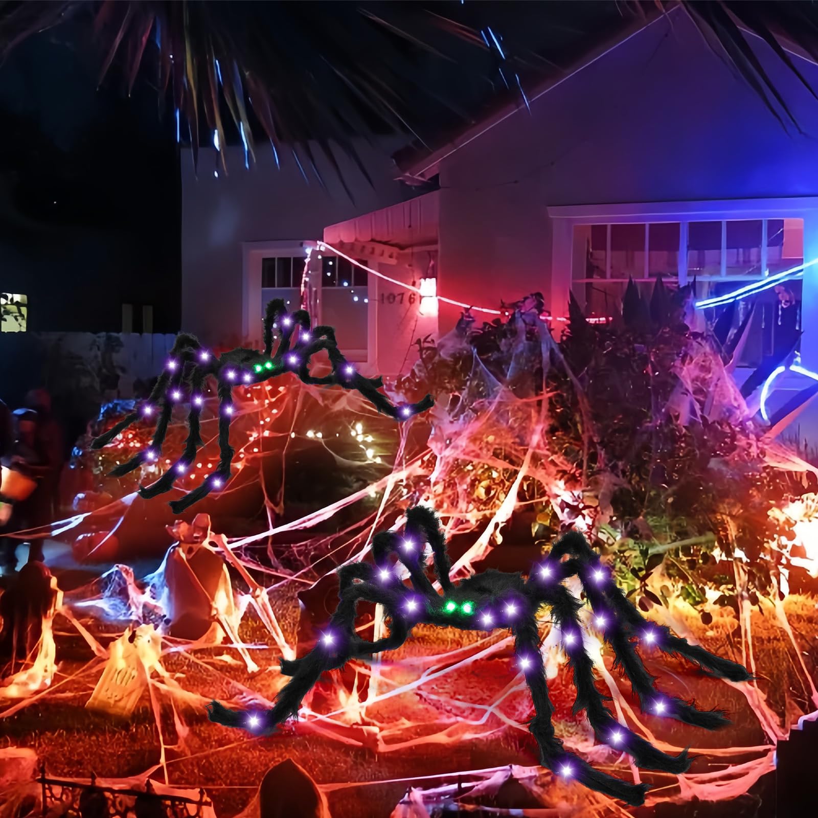 VOMAOK Halloween Spider Decorations 4ft Light Up Giant Spider(2 Pack) with Green Lighted Eyes for Indoor Outdoor Halloween Decor
