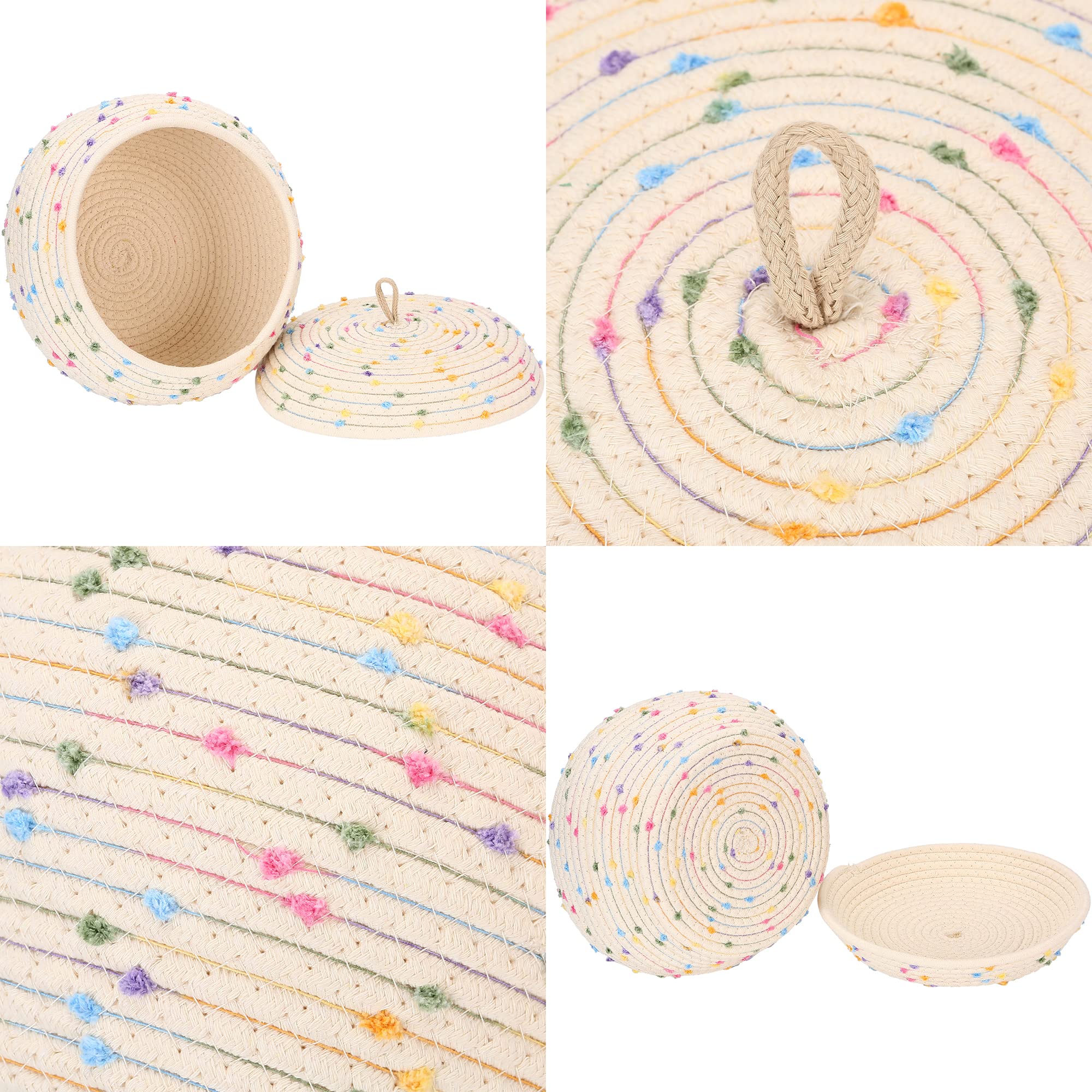 Sea Team Round Cotton Rope Storage Basket With Lid, Colorful Rainbow Pompom Woven Storage Bin, Pot, Caddy, Organizer, Container