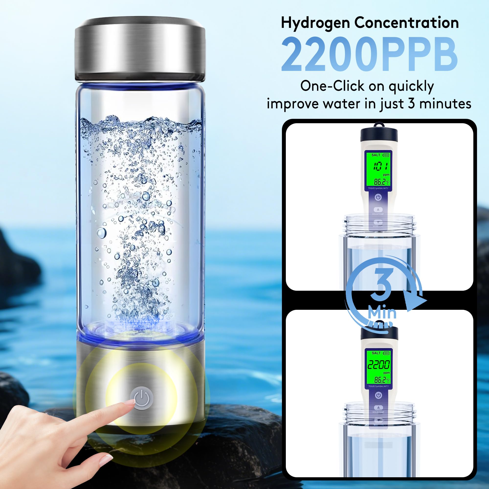 2025 New Hydrogen Water Bottle, 2200PPB in 3Min, SPE PEM Tech, Portable 16OZ, Rechargeable Hydrogen Water Bottle for Travel, Hom