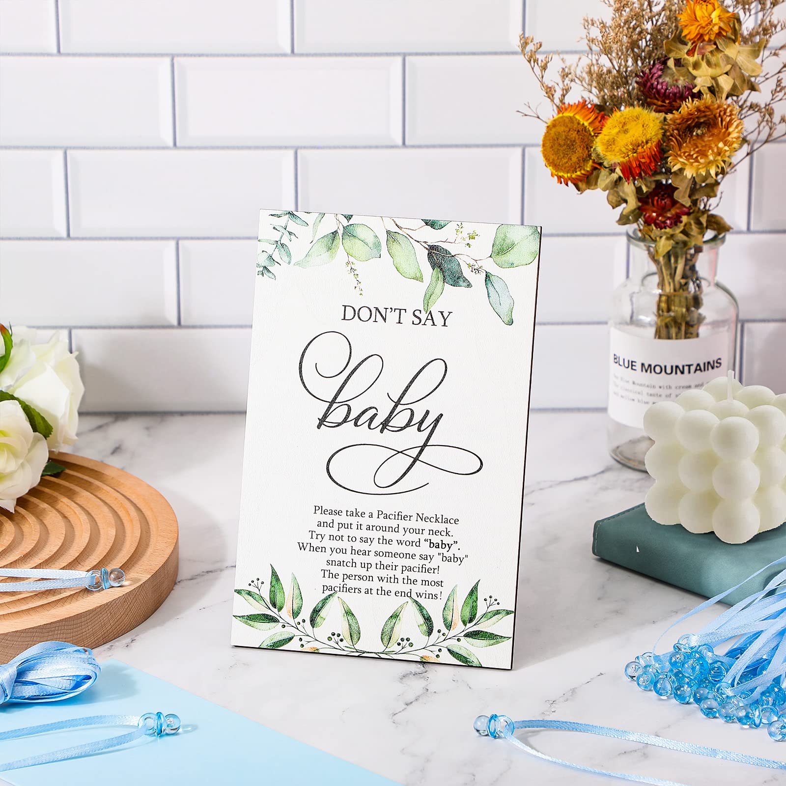 51 Pcs Don'T Say Baby Game Sign Cool Baby Shower Game 50 Baby Shower Pacifier Necklace Wooden Don'T Say Baby Sign Plastic Baby P