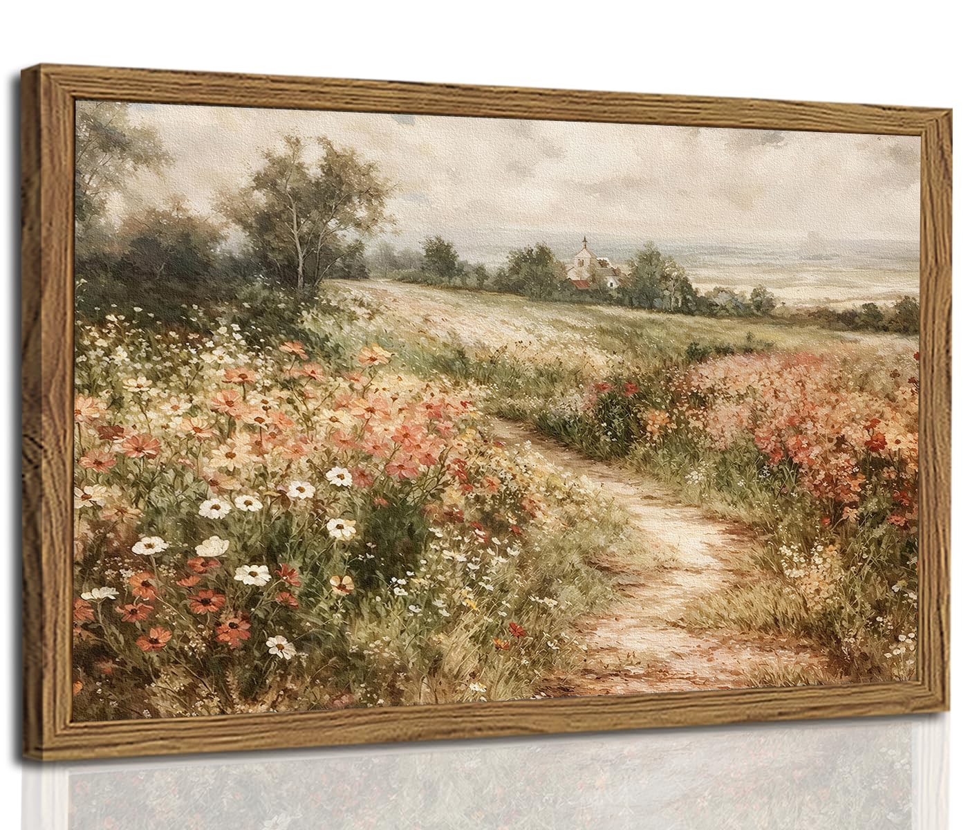Framed 3D Textured Wall Art, Vintage Landscape Wall Decor Painting, Hand Drawn Sandstone Country Watercolor Floral Pictures Artw
