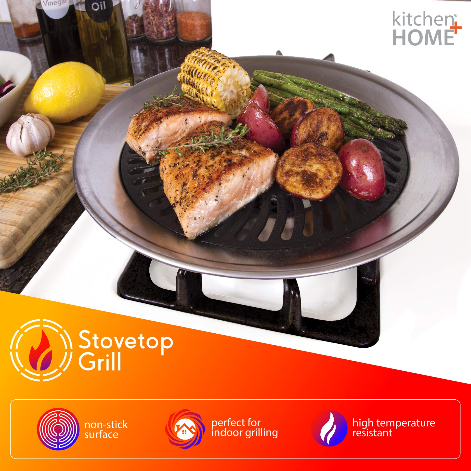 Kitchen + Home Stove Top Smokeless Grill Indoor Bbq, Stainless Steel With Double Coated Non Stick Surface