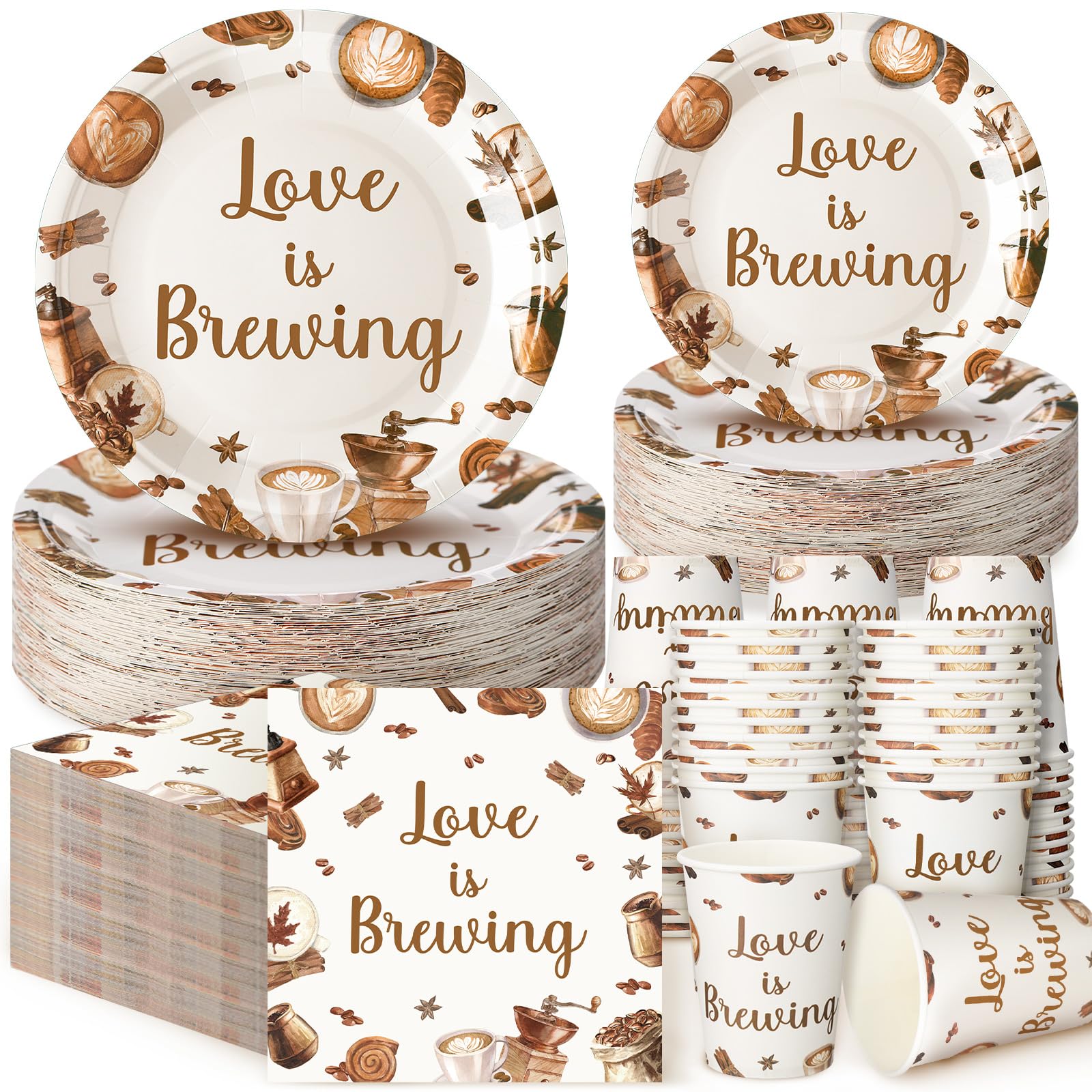 Zhehao 200 Pcs Bridal Shower Plates Napkins Sets Love is Brewing Coffee Bridal Shower Decoration Wedding Shower Decorations Wedd