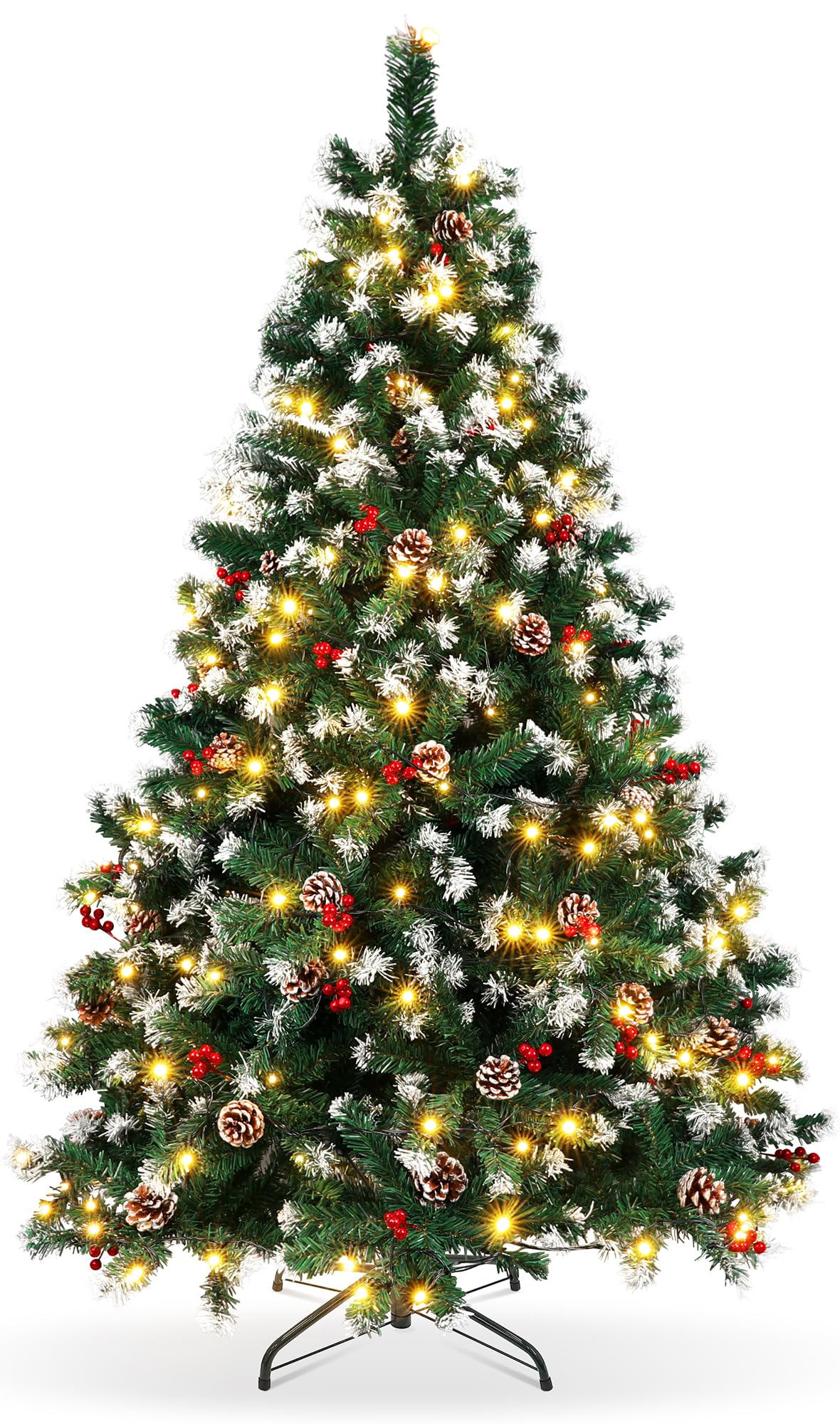 Hapsor Christmas Tree, 6ft Artificial Christmas Trees Pre lit Pre Decorated with 250 Warm Lights, Pine, Berry, Metal Hinged & Ba