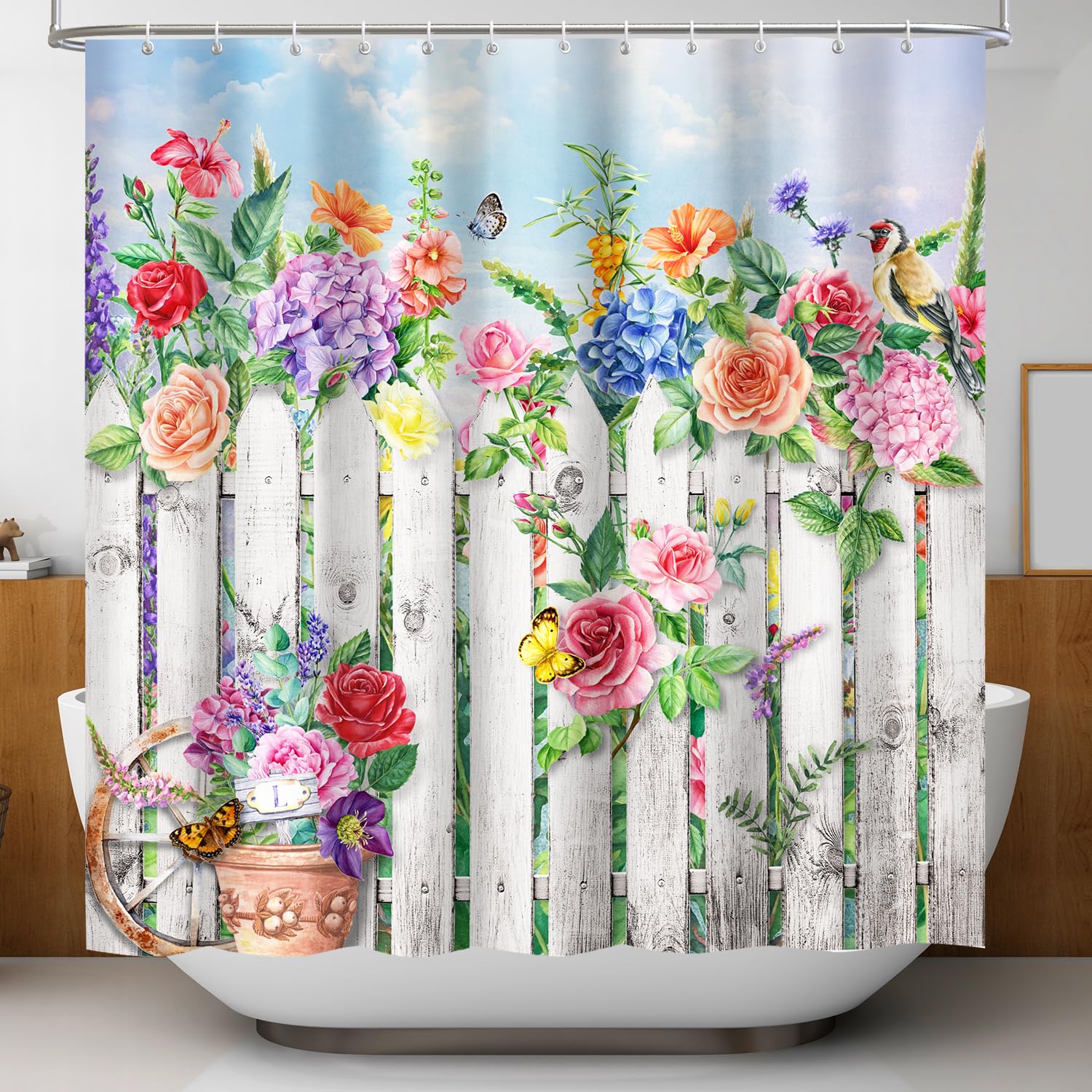 Lokigo Colorful Flower Shower Curtain Modern Farmhouse Shower Curtains For Bathroom Gray Wood Bird Bathroom Shower Curtain Water