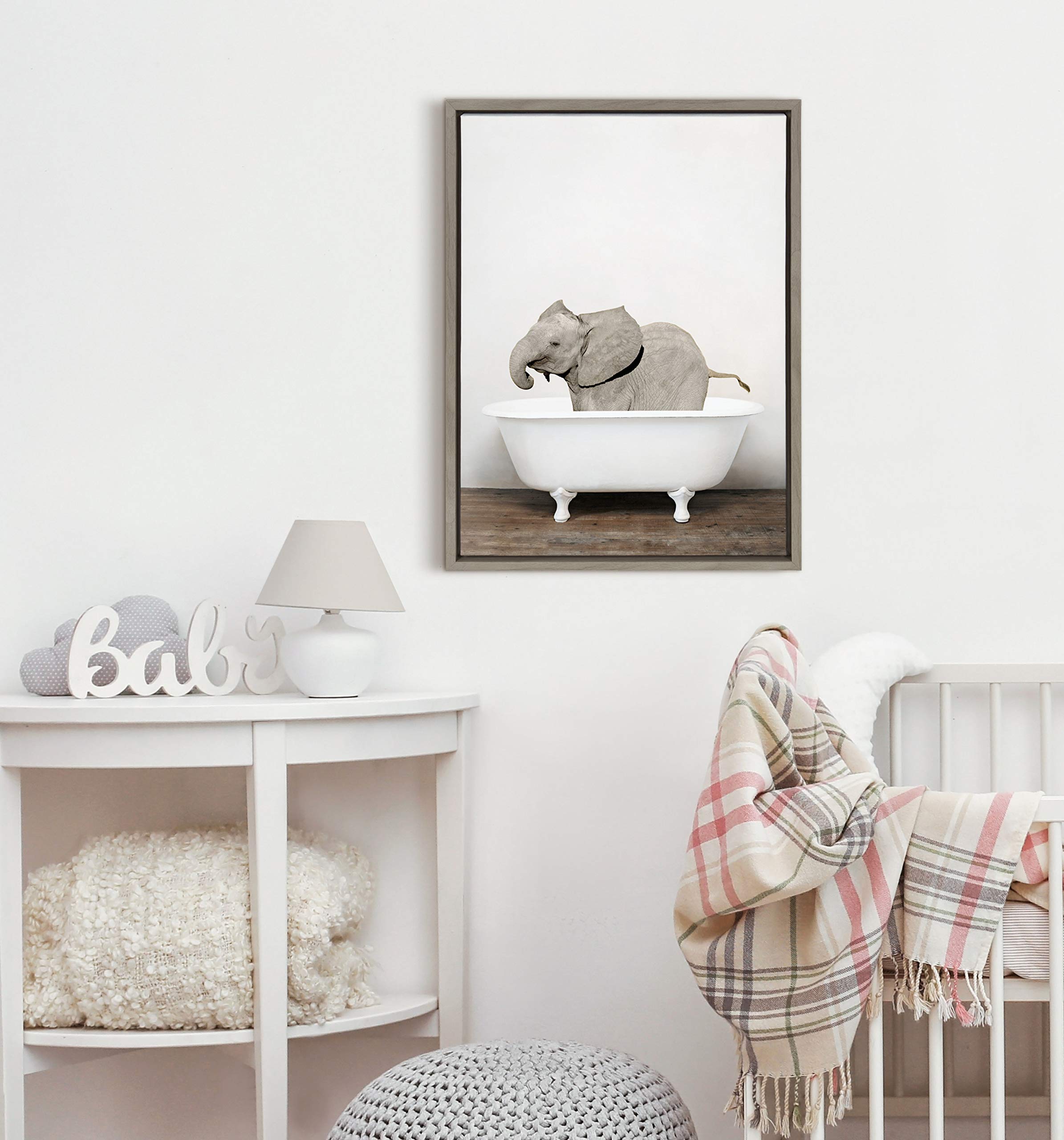Kate And Laurel Sylvie Baby Elephant In The Tub Framed Canvas Wall Art By Amy Peterson, 18X24 Gray