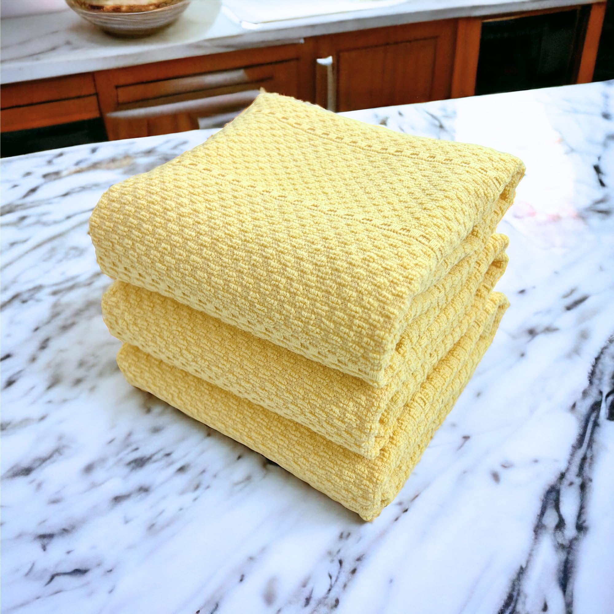 Serafina Home Light Butter Yellow Kitchen Towels, 100% Cotton, 28" x 18", Set of 3, Absorbent, Soft, Textured Design