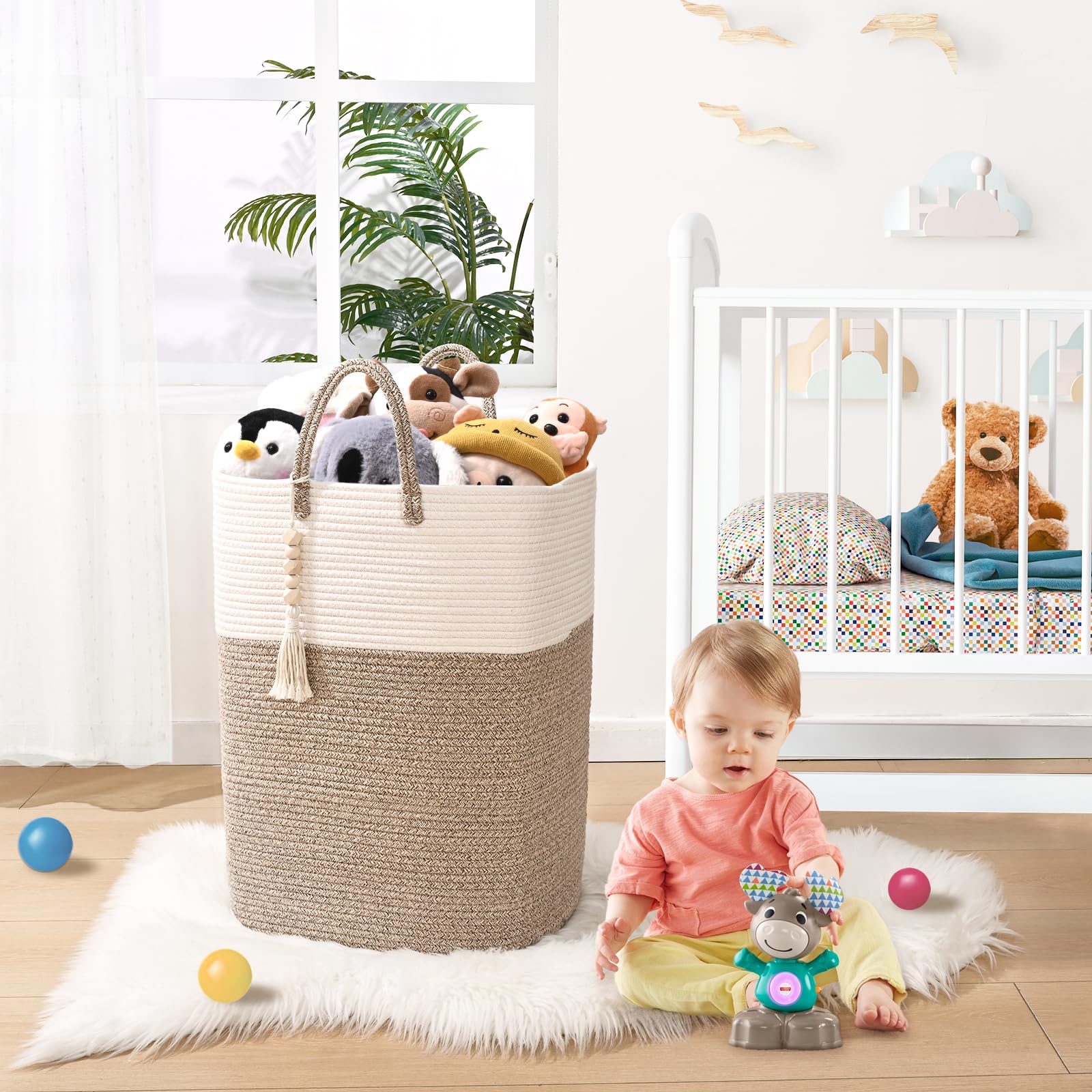 Woven Laundry Basket For Clothes, 65L Large Rectangle Laundry Hampers With Beads Tassel, Nursery Storage Basket For Toys, Tall D