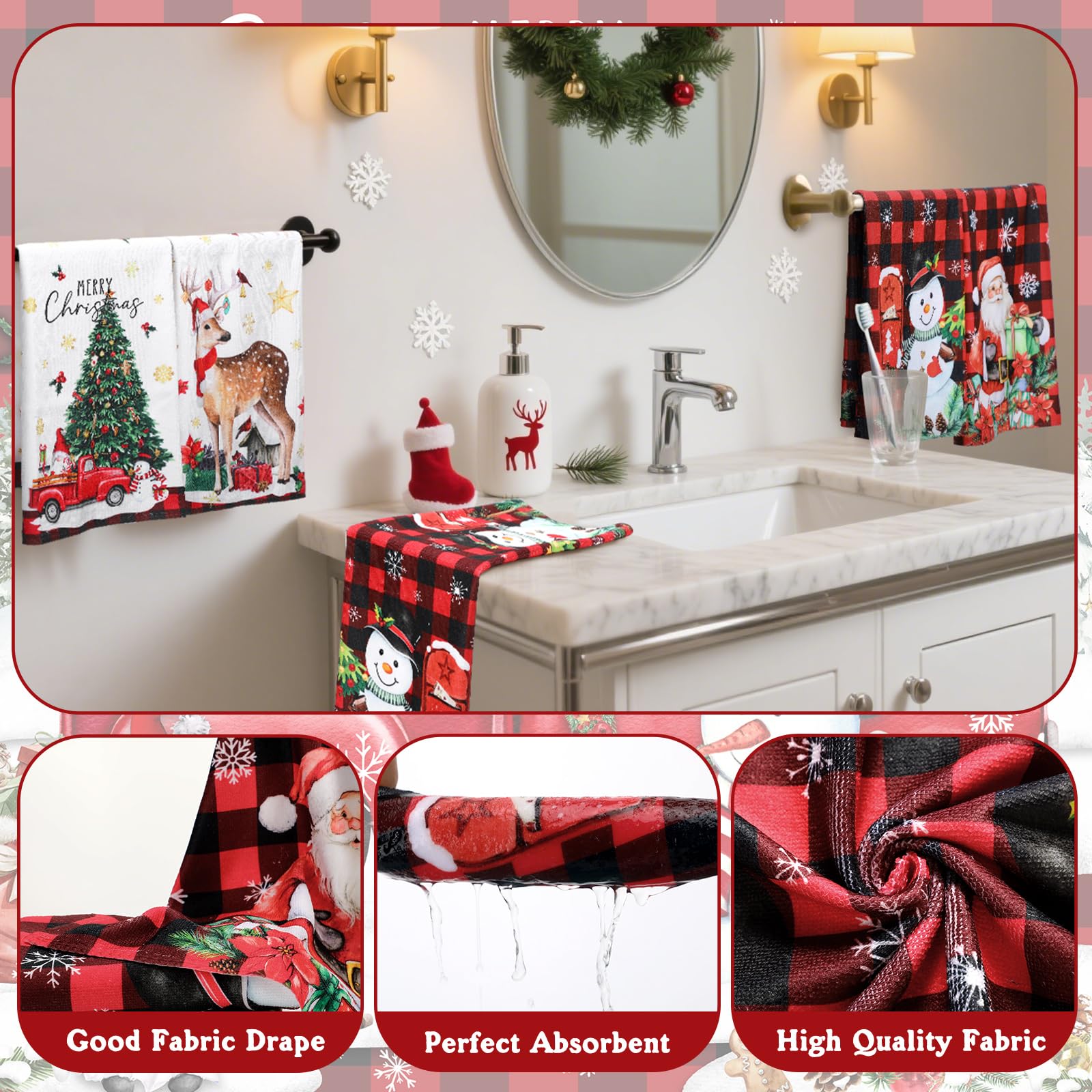 FuWeave 8 Pcs Christmas Shower Curtain Set Xmas Santa Bathroom Decoration Christmas Tree Hand Towels Snowman Toilet Lid Cover Ba