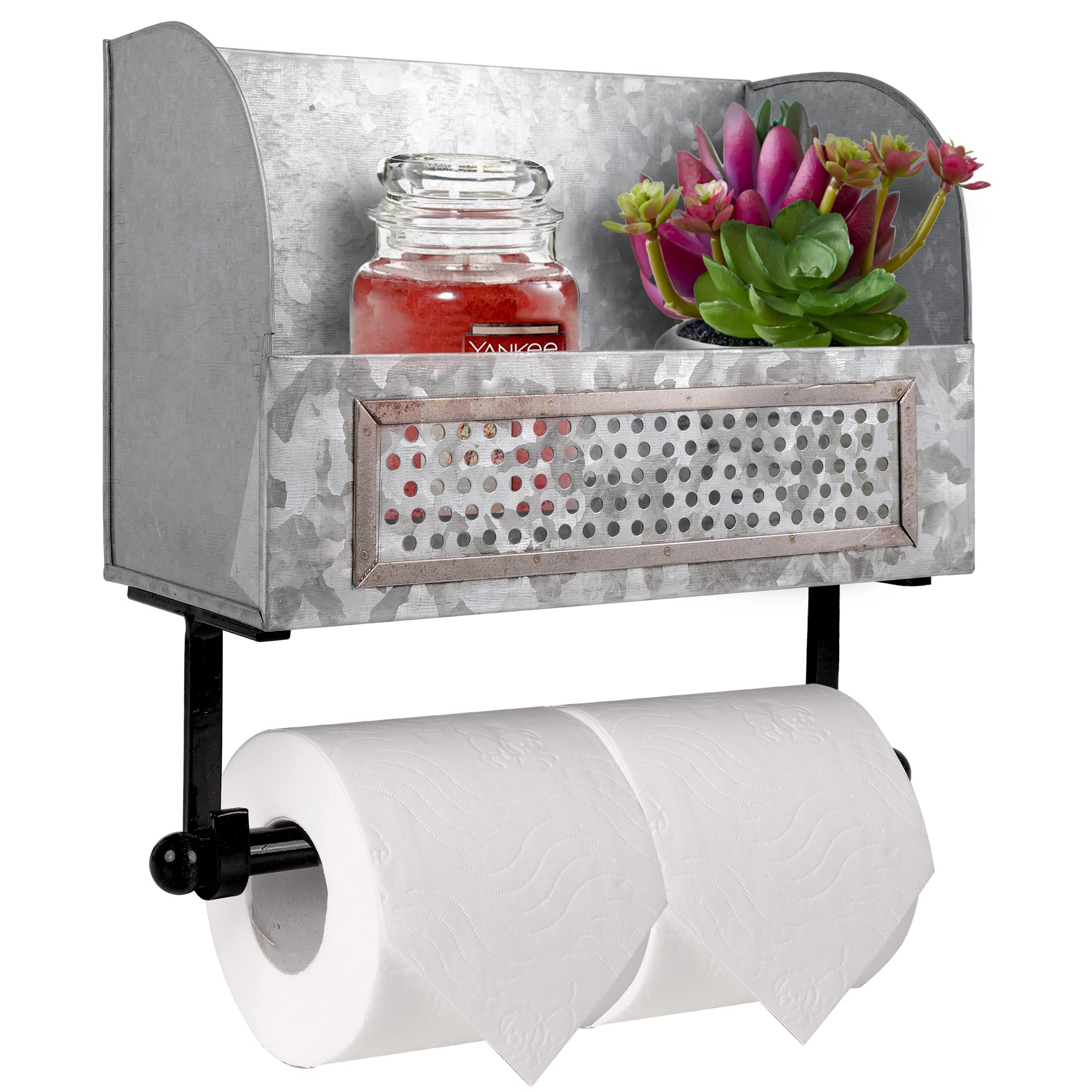Autumn Alley Farmhouse Galvanized Toilet Paper Holder With Shelf - Durable Wall Mount Tissue Paper Holder For Farmhouse Bathroom