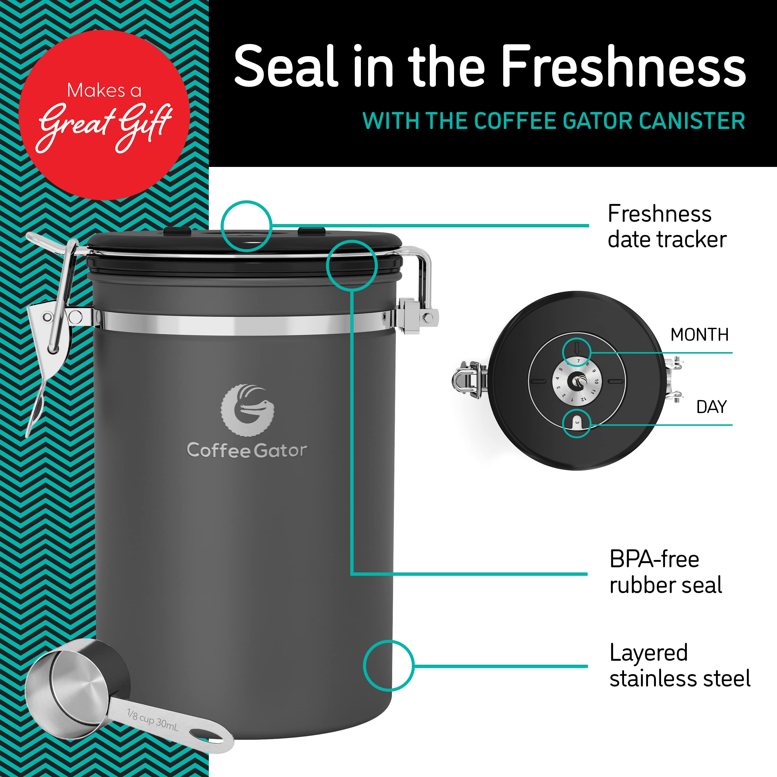 Coffee Gator Stainless Steel Canister - Large 22Oz, Silver Coffee Grounds And Beans Container With Date-Tracker, Co2-Release Val