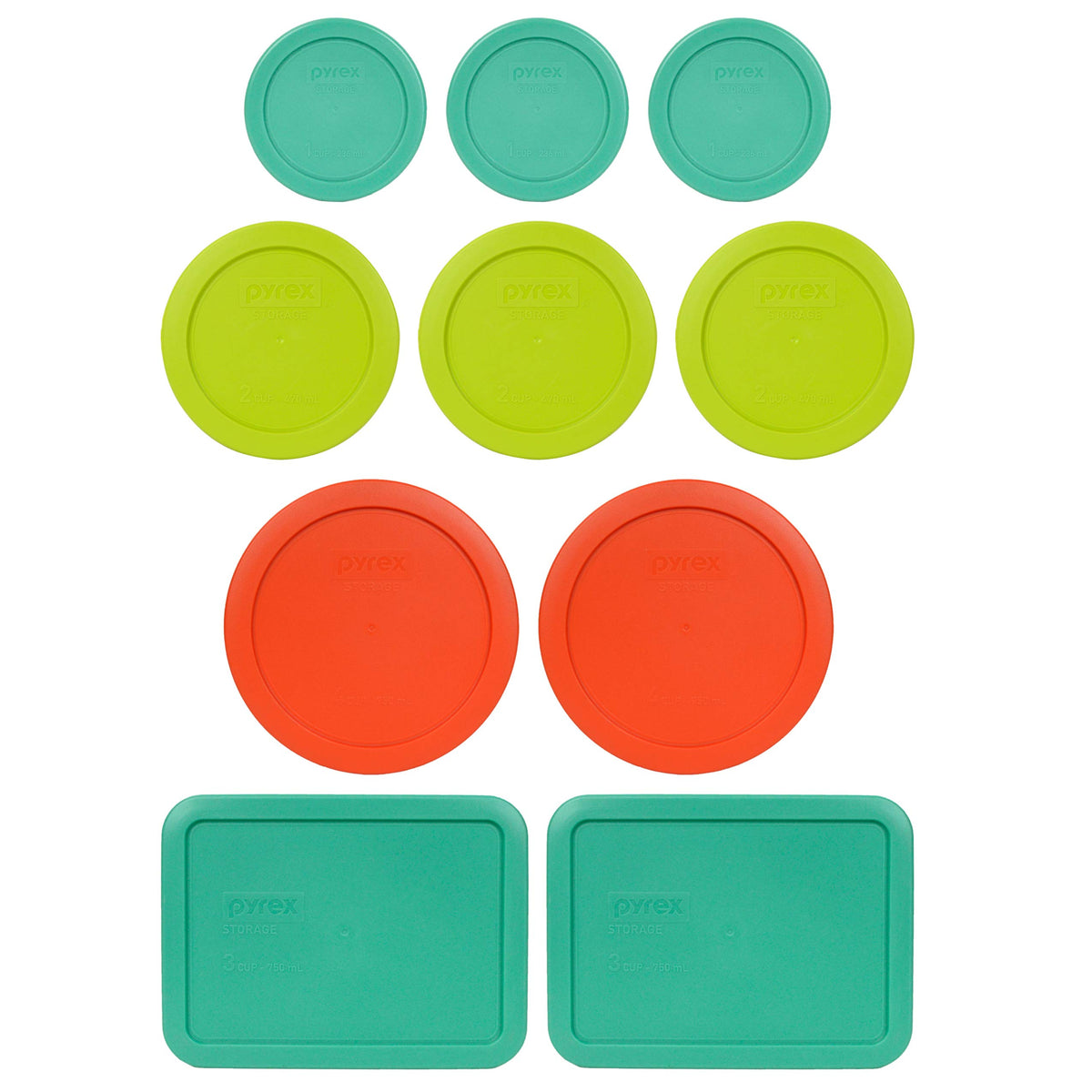 Pyrex (3) 7202-Pc 1 Cup Green, (3) 7200-Pc 2 Cup Green Edamame, (2) 7201-Pc 4 Cup Pumpkin Orange, (2) 7210-Pc 3 Cup Light Green