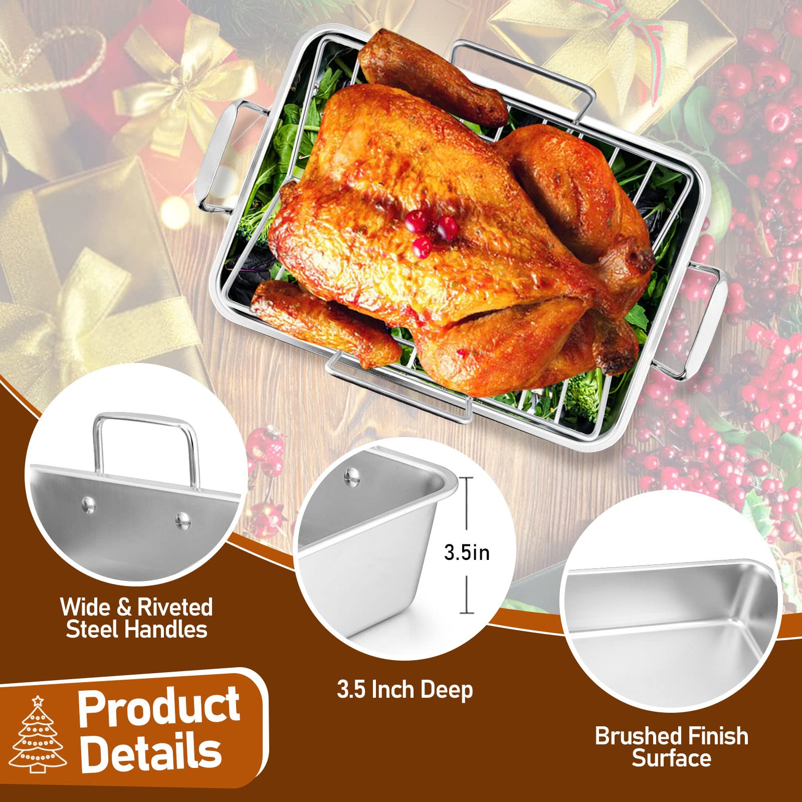 Joyfair 14-Inch Roasting Pan With Rack, Stainless Steel Turkey Roaster Baking Pan & V-Shaped Rack For Chicken Meat Vegetable, Re