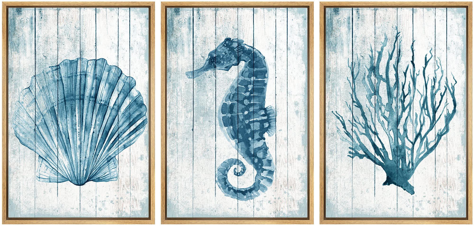 Signwin Framed Canvas Print Wall Art Blue Seahorse And Seashell With Coral Decorative Shapes Illustrations Modern Art Rustic Rel