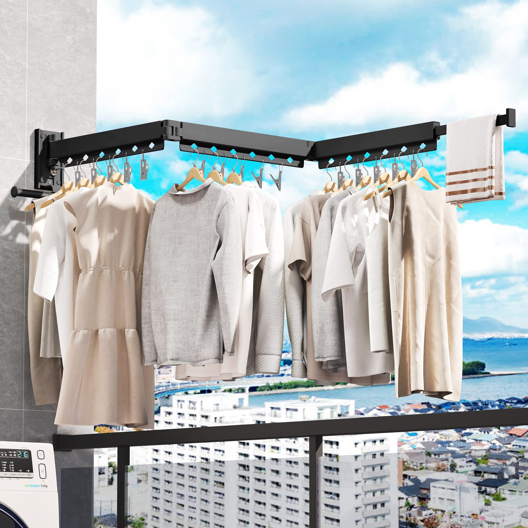LIENAHU Wall Mounted Clothes Drying Rack - Retractable, Collapsible, Folding, Black, Model HEIJIA, Perfect for Laundry Room Organization