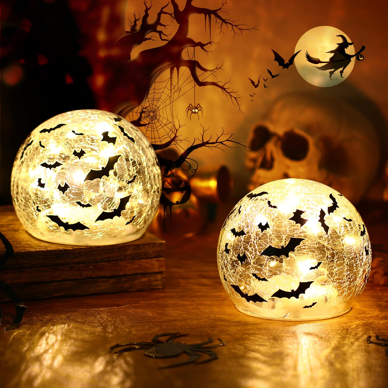 2 PCS Halloween Table Decorations,3.93 Glass Ball Tabletop Decor Crackle with Timer,Halloween Decorations Indoor Spheres Decorat