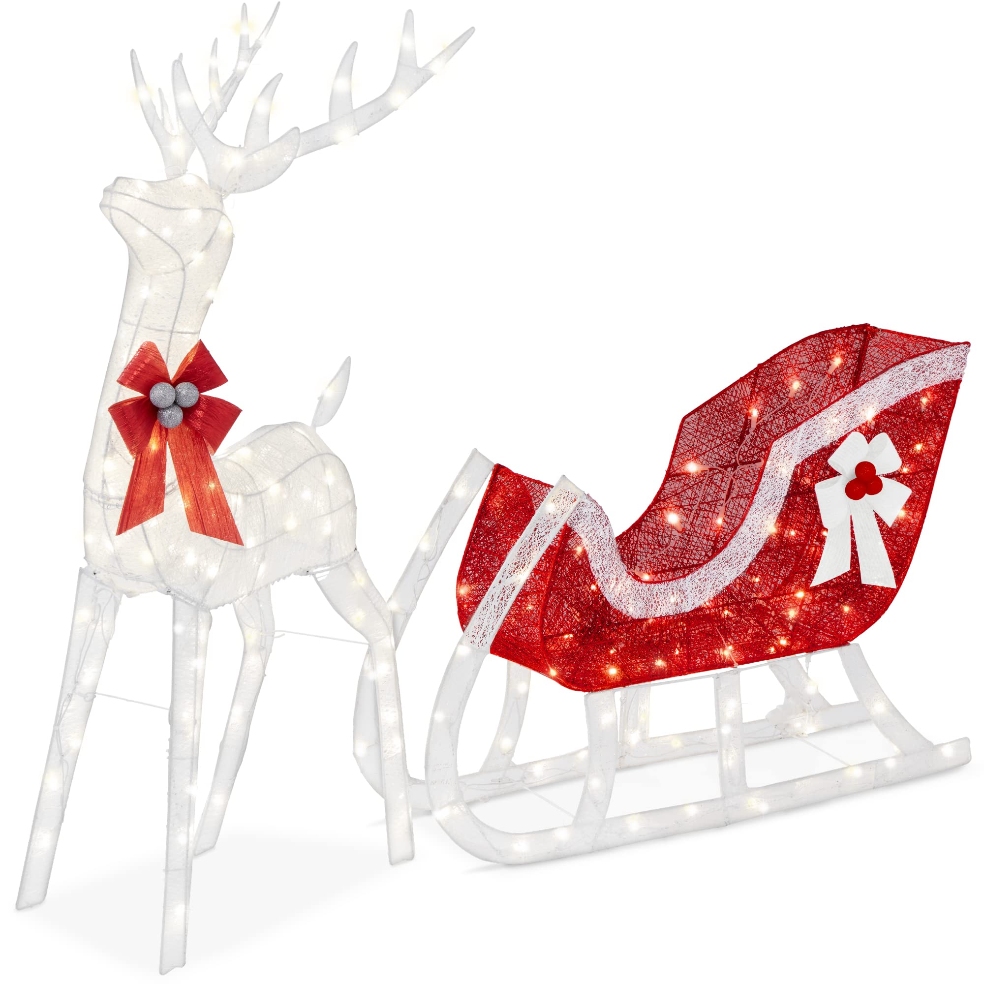 Best Choice Products Lighted Christmas 4ft Reindeer & Sleigh Outdoor Yard Decoration Set w/ 205 LED Lights, Stakes, Zip Ties - W