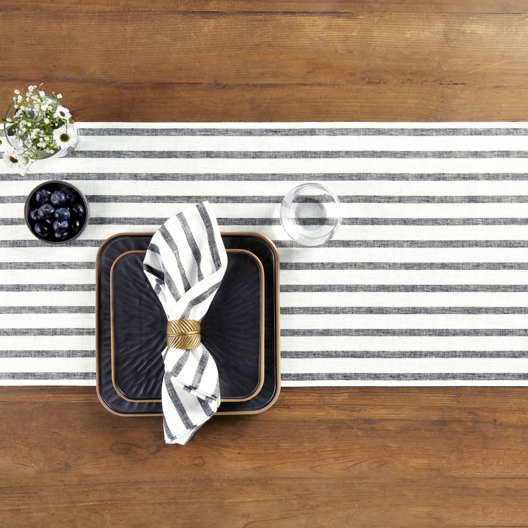Solino Home Stripe Linen Table Runner 120 Inches Long - 100% Pure Linen Black And White Dining Table Runner 14 X 120 Inch Ideal