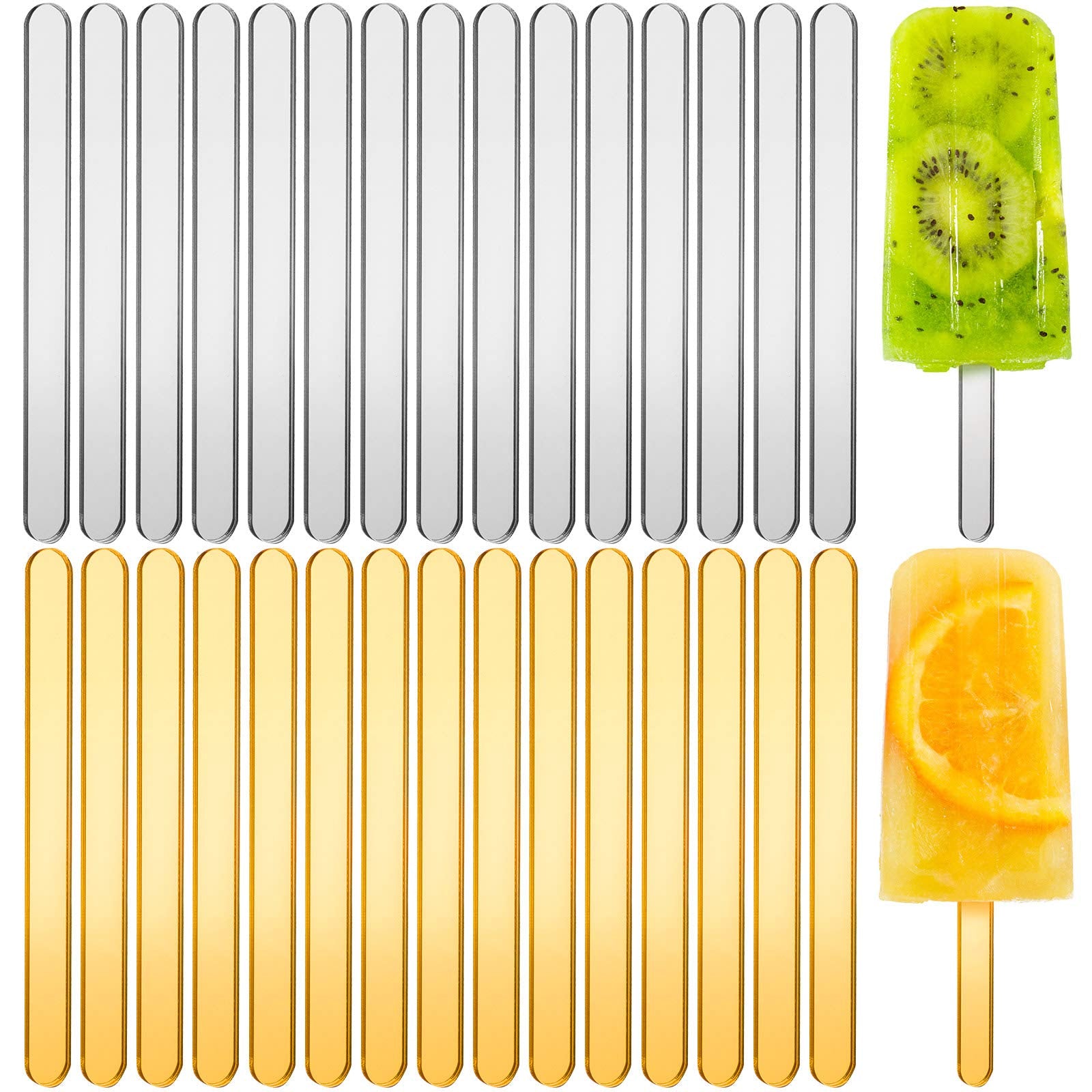 Romooa 30 Pcs Gold Silver Cakesicle Sticks 4.5 Inches Reusable Acrylic Cake Pop Ice Cream Stick Set for DIY Cake Topper Cream Ca