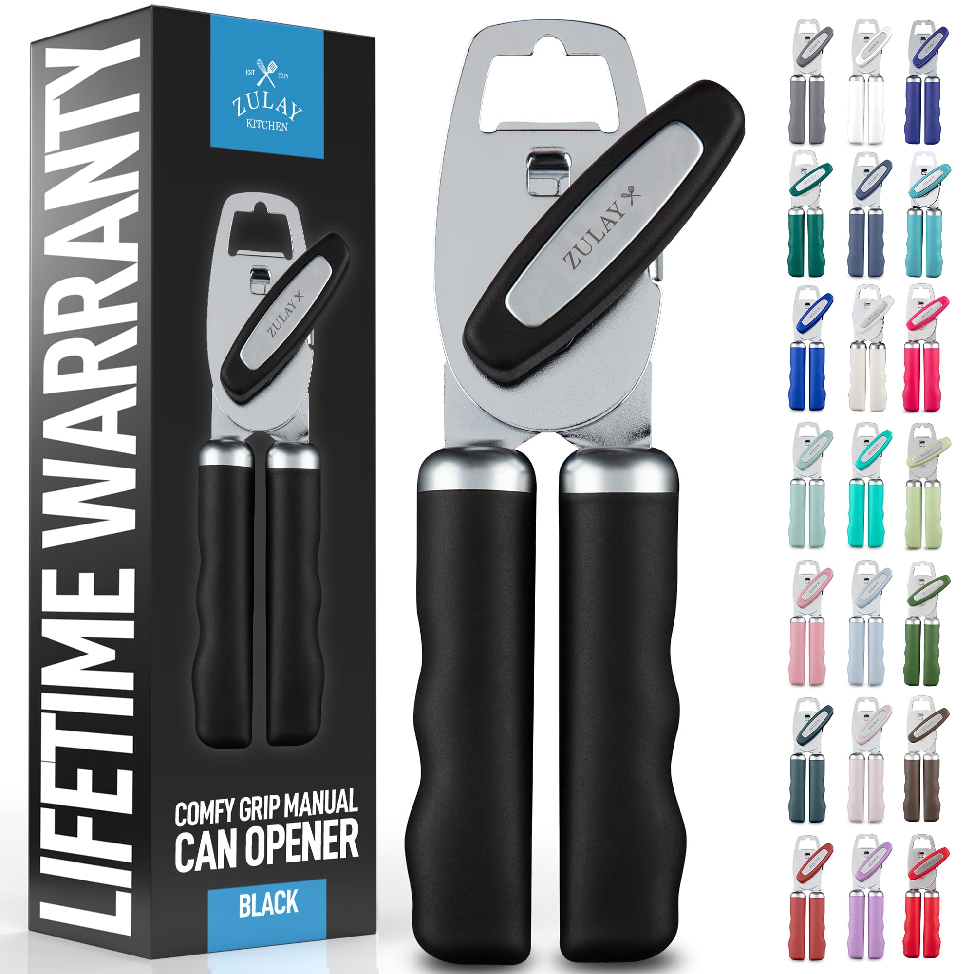 Zulay Kitchen Heavy Duty Stainless Steel Can Opener Manual with Bottle Opener - Rust Proof Manual Can Opener With Turn Knob & Co