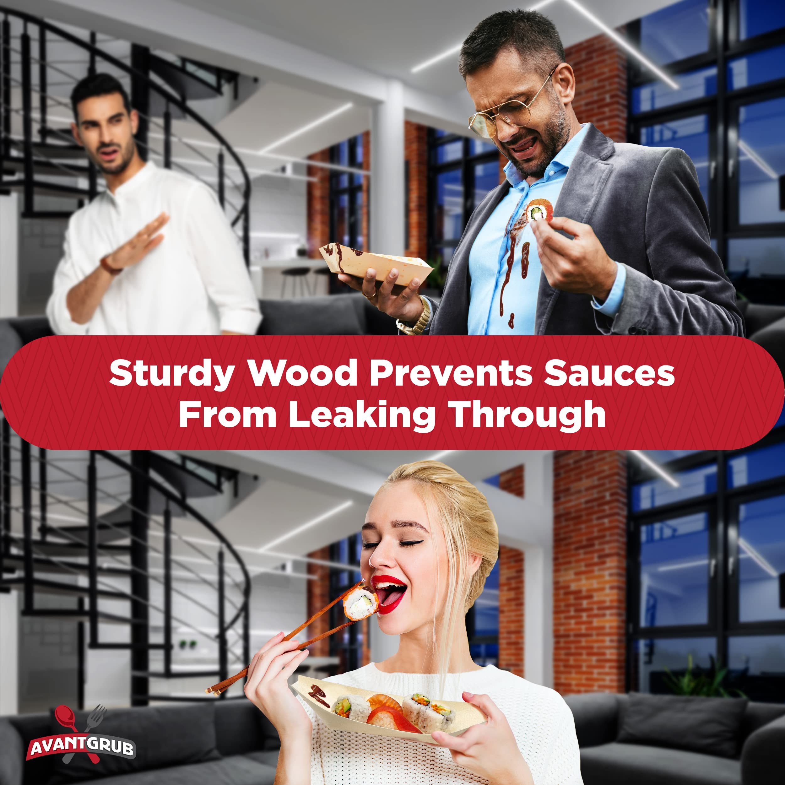 50 Pk Extra Large 10 Biodegradable Sushi Boats. 100% Disposable Appetizer Plates. Compostable Natural Wood Food Trays. Sturdy Po