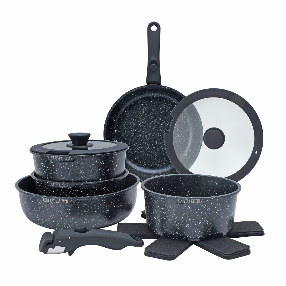 Country Kitchen 13 Piece Pots and Pans Set - Safe Nonstick Kitchen Cookware with Removable Handle, RV Cookware Set, Oven Safe (B