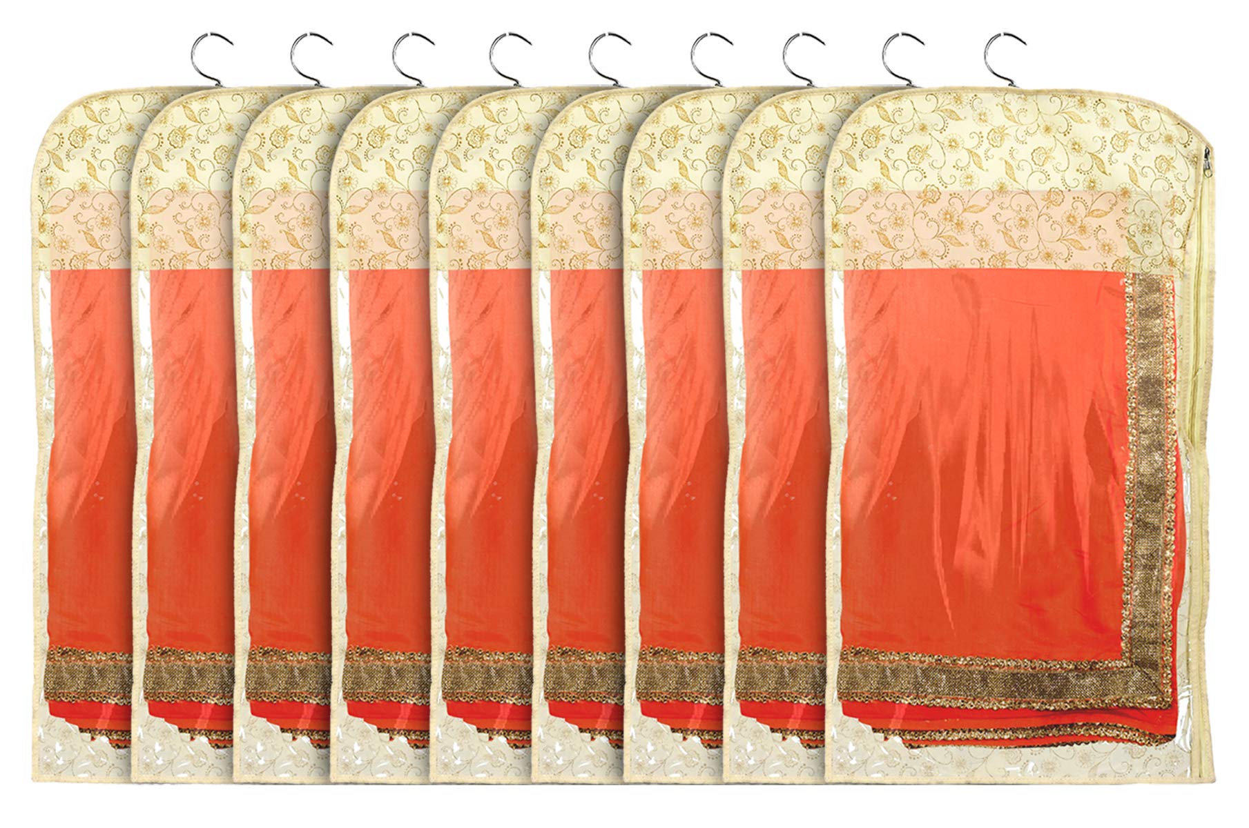 Kuber Industries Metalic Print Non-Woven Hanging Saree Cover Wardrobe Organiser With Hanger (Gold)-Pack Of 9-Kubmart15523