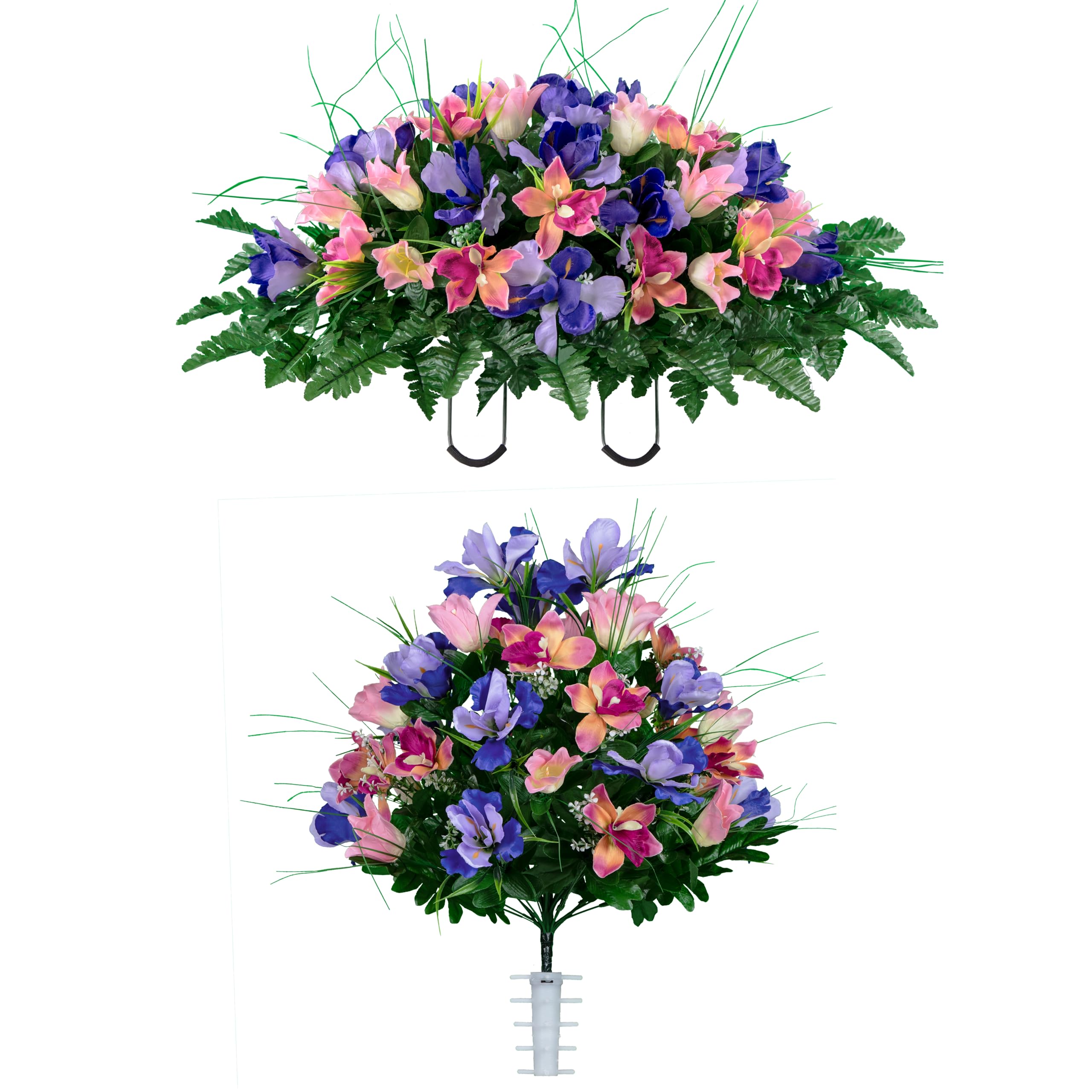 Sympathy Silks Artificial Cemetery Flowers - Realistic Vibrant Tulips Outdoor Grave Decorations - 1 Pink Tulip Purple Iris Bouqu