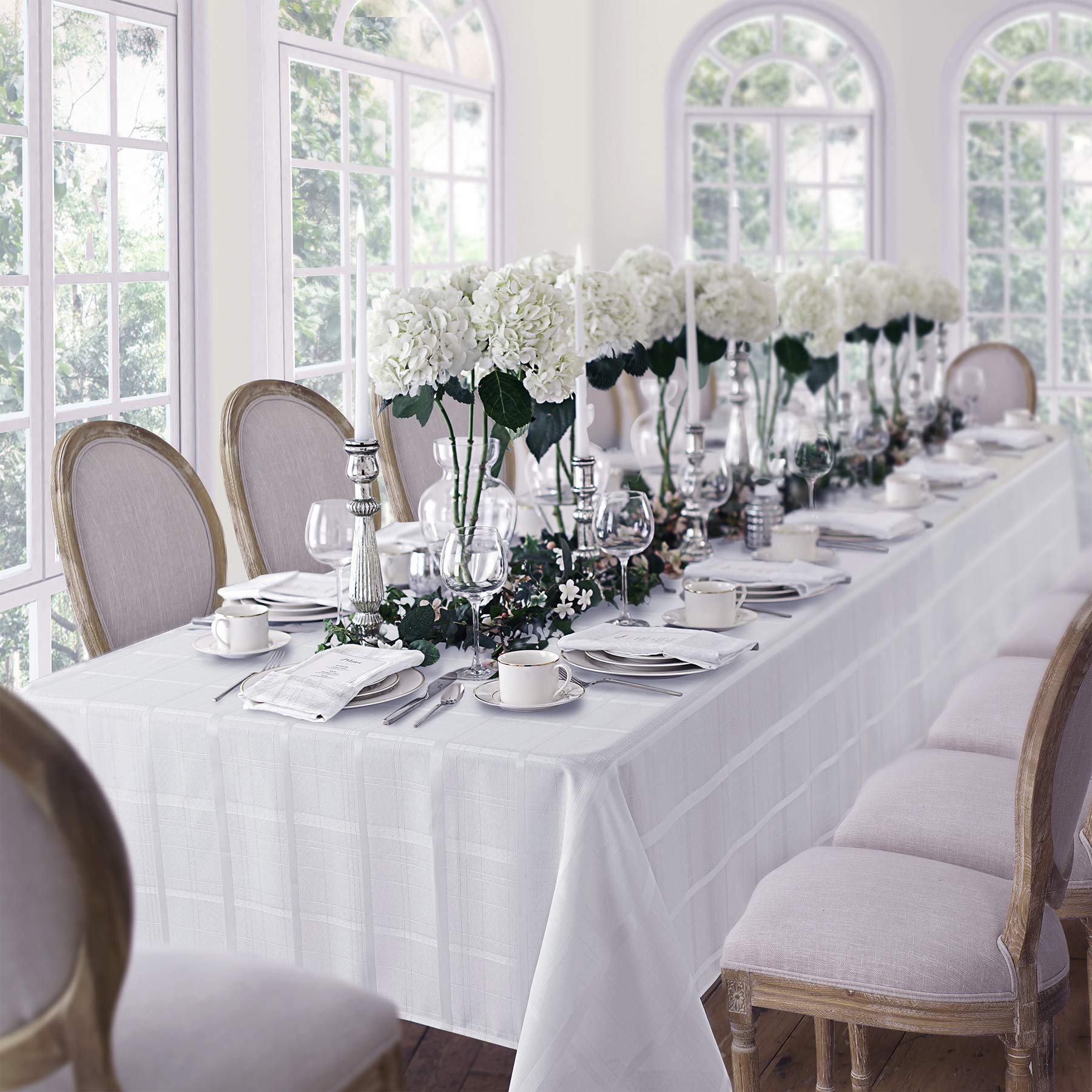 Newbridge Elegance Plaid No-Iron Soil Resistant Fabric Woven Tablecloth - 60 X 84 Oblong - White