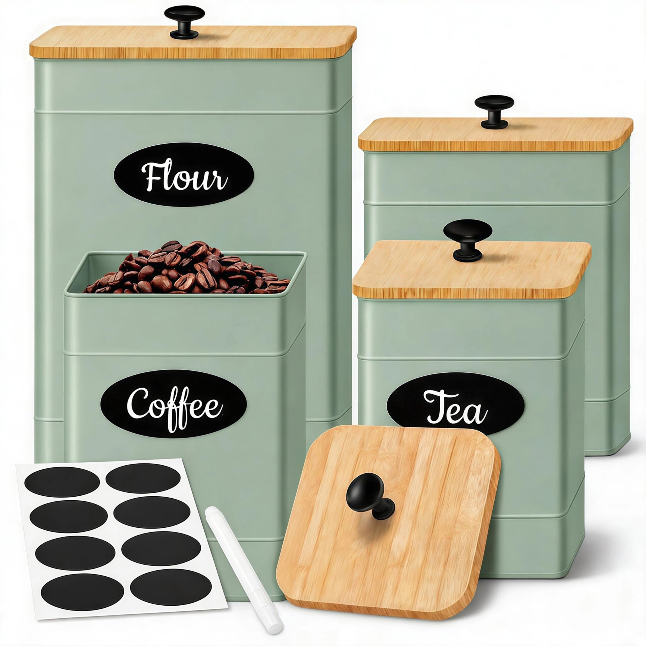 Canister Set for Kitchen Countertop, 4 Airtight Metal Canisters Sage Green
