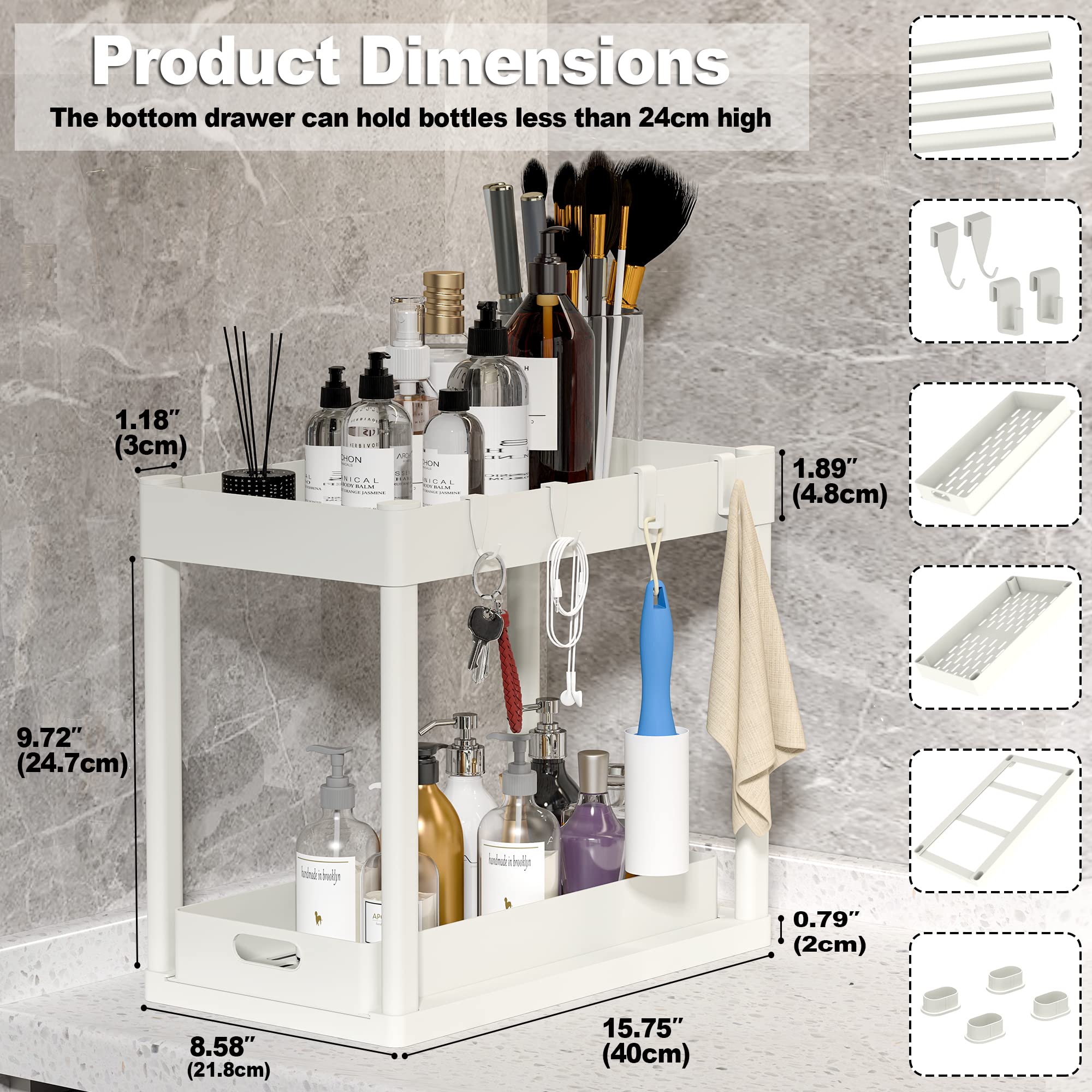2Pcs Under Sink Organizer Kitchen Bathroom Storage Cabinet 2 Tier Sliding Drawer Counter Organization Shelf Storage Drawers Rack