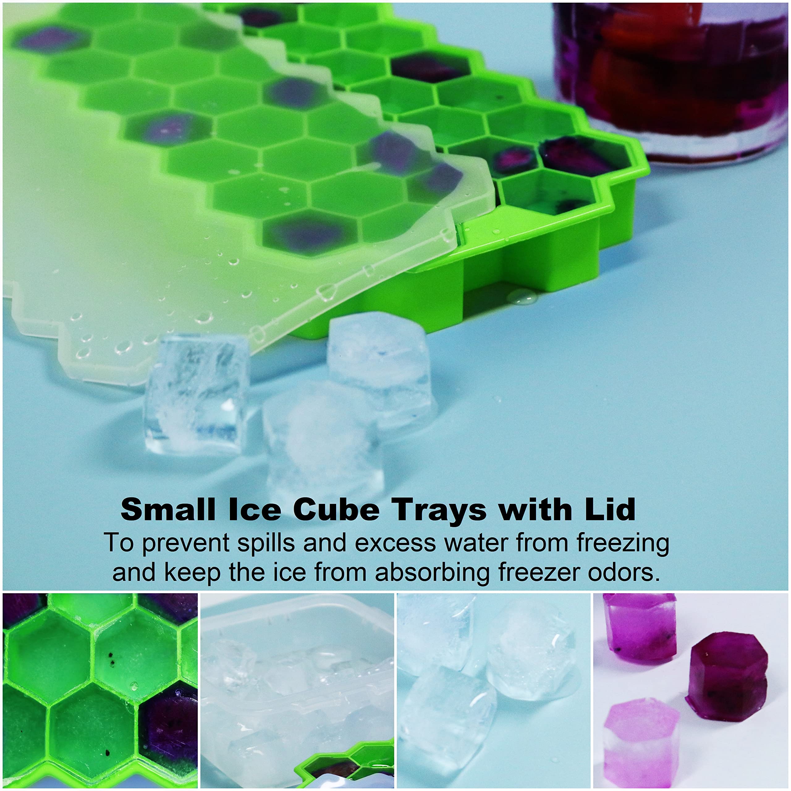 Ice Cube Trays For Freezer With Lid-37 Grid 4Pcs Multicolor Silicone Ice Cube Tray With Lid For Small Ice Cube Molds,Easy-Releas