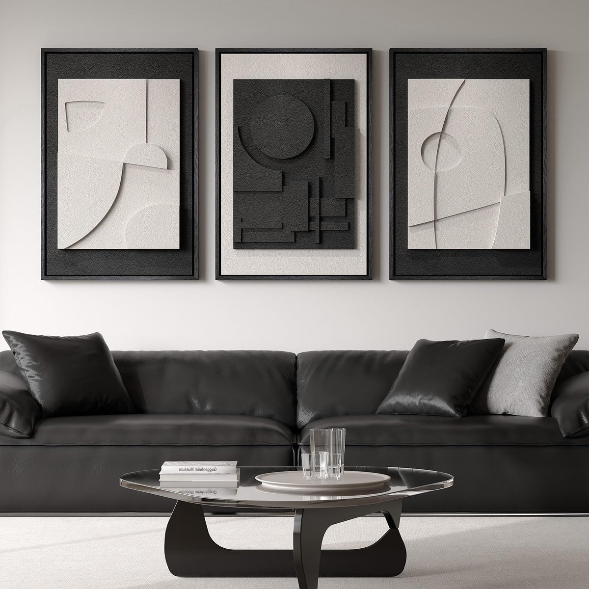 Large 3D Textured Framed Black And White Abstract Wall Art, 3 Piece Mo ...