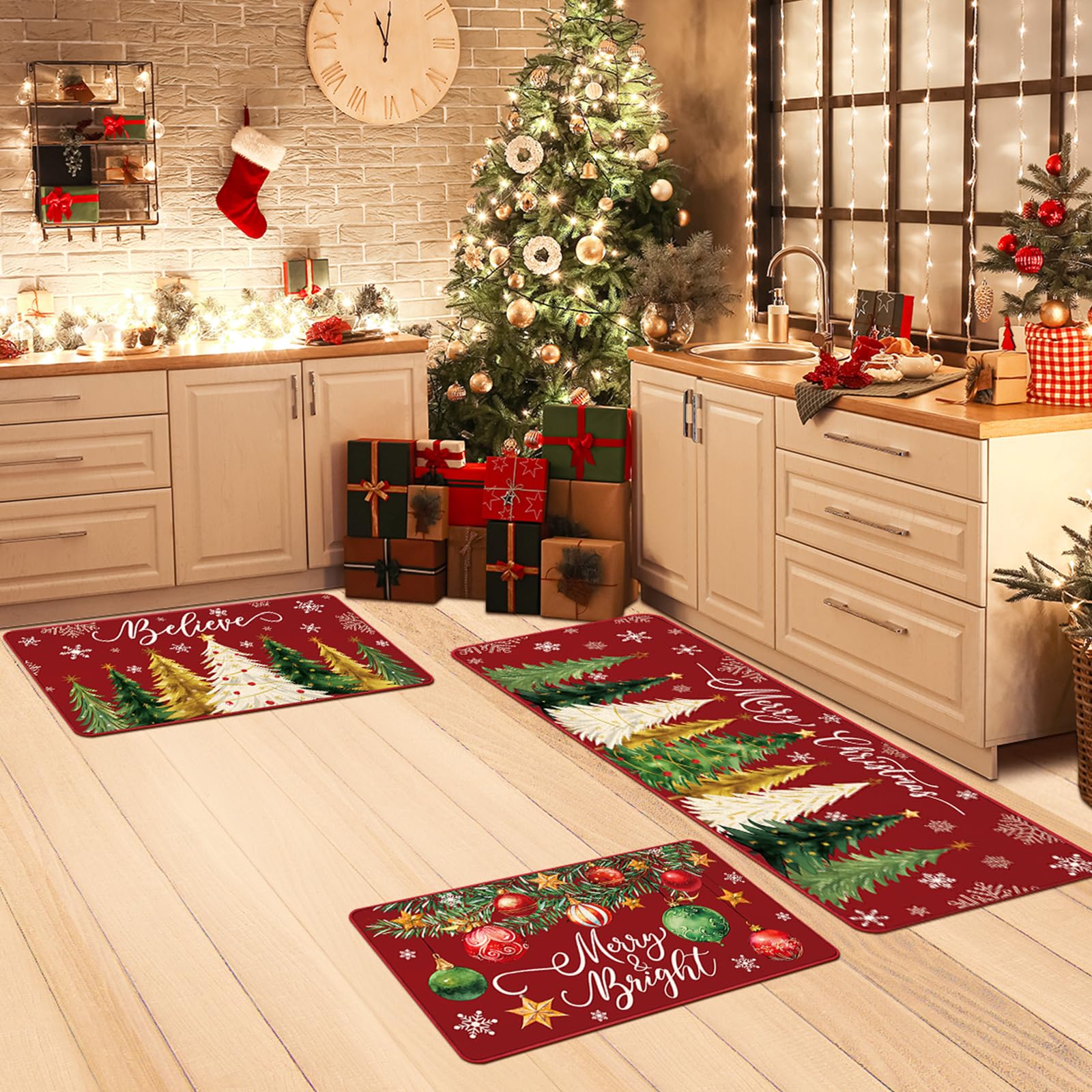 Drydiet 3 Pcs Christmas Kitchen Rug and Mat Set Washable Red Xmas Tree Kitchen Floor Mats Waterproof Non Slip Farmhouse Merry Ch