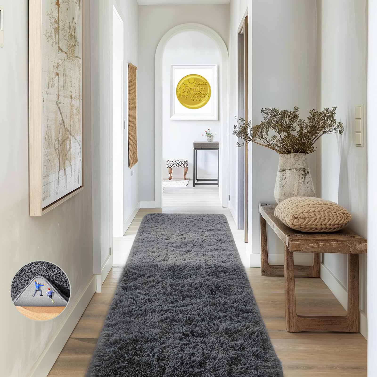 Ophanie 2x8 Runner Rug for Hallway, Upgrade Non-Slip Fluffy Soft Bedside Rugs, Bedroom Living Room Grey Shaggy Gray Carpet for K