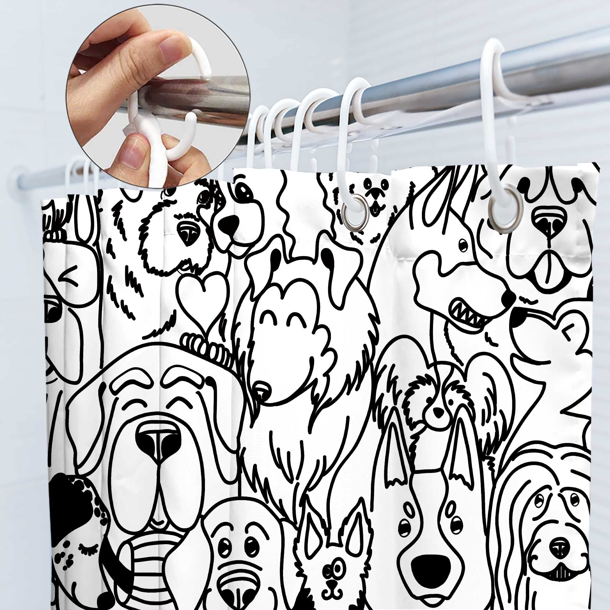 SVBright Funny Cute Dog Shower Curtain 60Wx72L Inch Cartoon Black and White Lovely Animals Silhouette for Kids Kawaii Cool Rustic 12 Pack Hooks Polyester Waterproof Fabric Bathroom Bathtub Panels