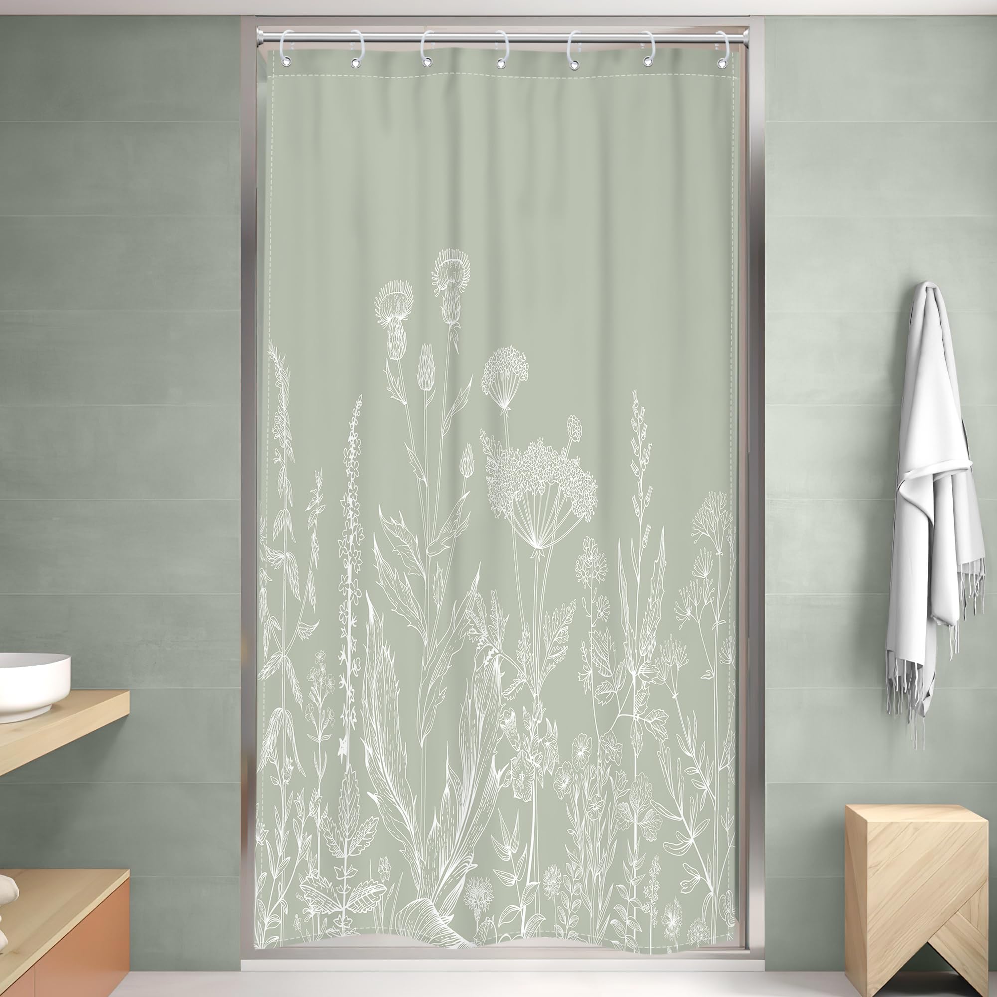 Riyidecor Sage Green Floral Wildflower Shower Curtain For Bathroom Decor 36Wx72H Nature Wildflower Botanical Herbs Country Sprin