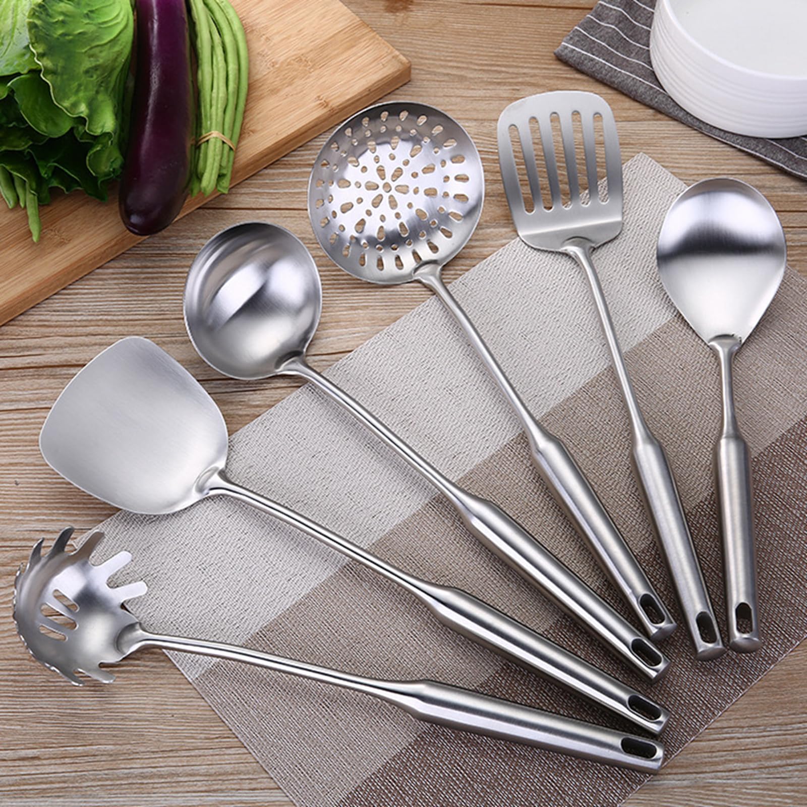 Cooking Utensils Set Stainless Steel Kitchen Metal Serving Utensils Set Of 6 Pcs-Wok Spatula Ladle Set, Skimmer Slotted Spoon, P