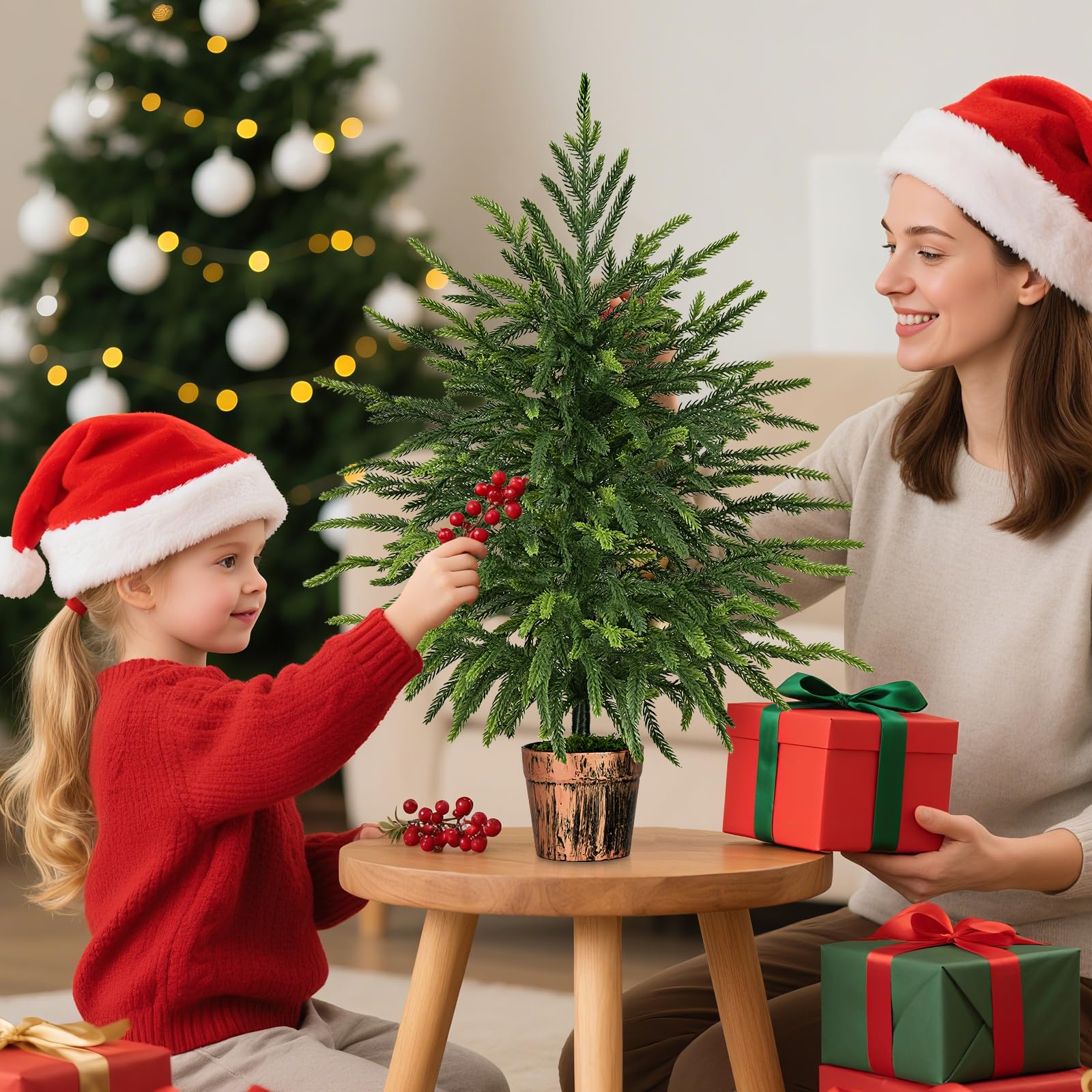 Siyaluens 2FT Norfolk Pine Tree with Lights - Tabletop Christmas Tree with Pot, Real Touch PE Branch Tips for Front Porch, Kitch