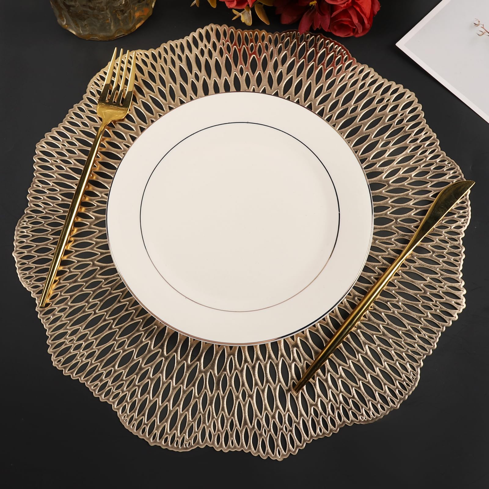 Mabbcoo Placemats Set Of 6, Round Placemats Gold 15 Inch Washable Vinyl Place Mats Dining Table Mats For Anniversary Wedding Par