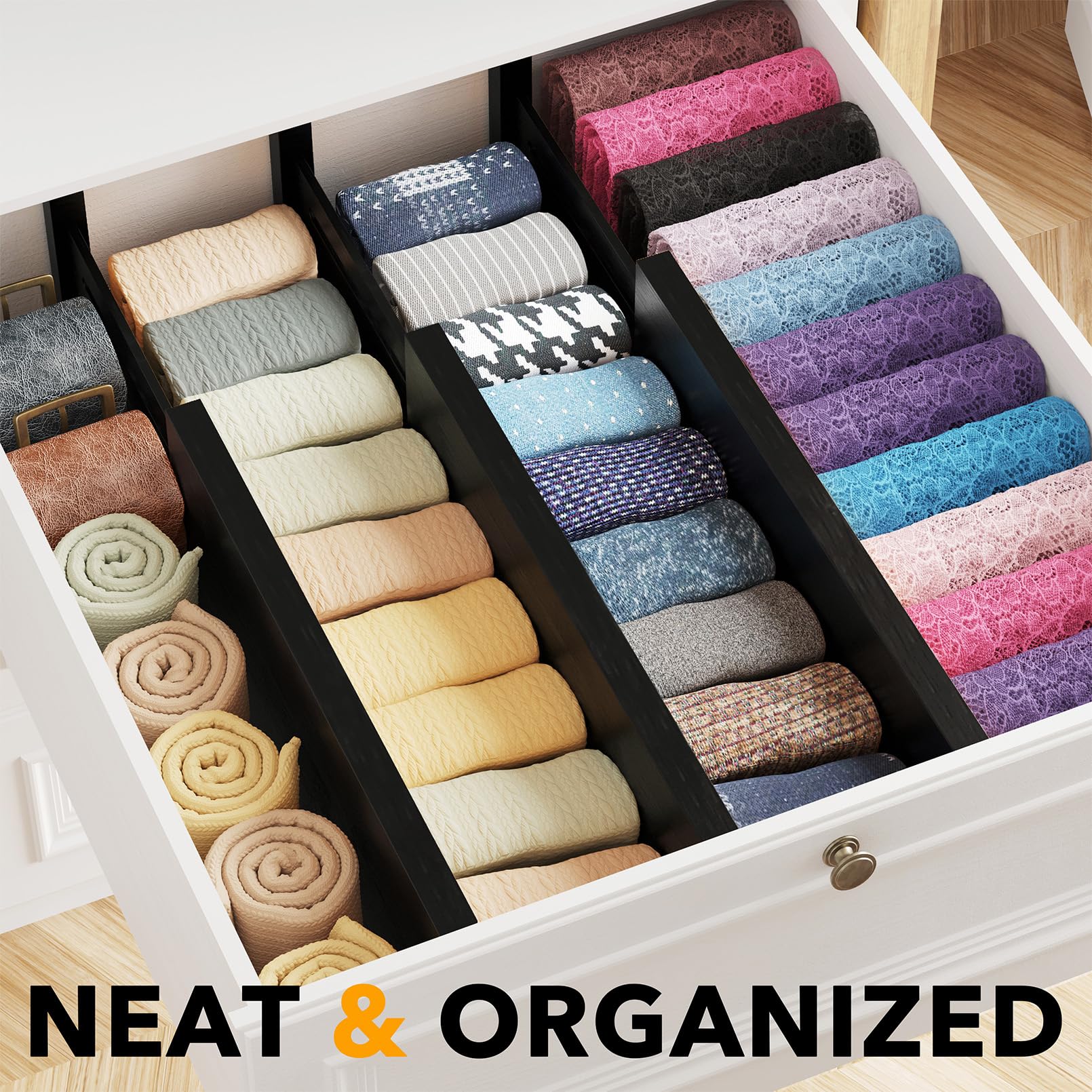 SpaceAid Bamboo Dresser Drawer Dividers 6 Pack, 4.65 High Adjustable 12.5-17    Drawer Organizers, Expandable Organization for C