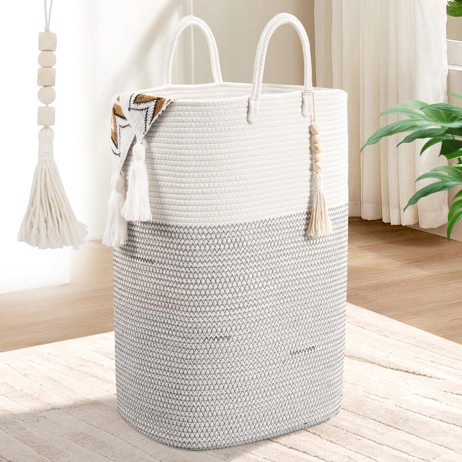 Woven Laundry Basket For Clothes, 50 L Large Rectangle Laundry Hampers With Beads Tassel, Nursery Storage Basket For Toys, Tall
