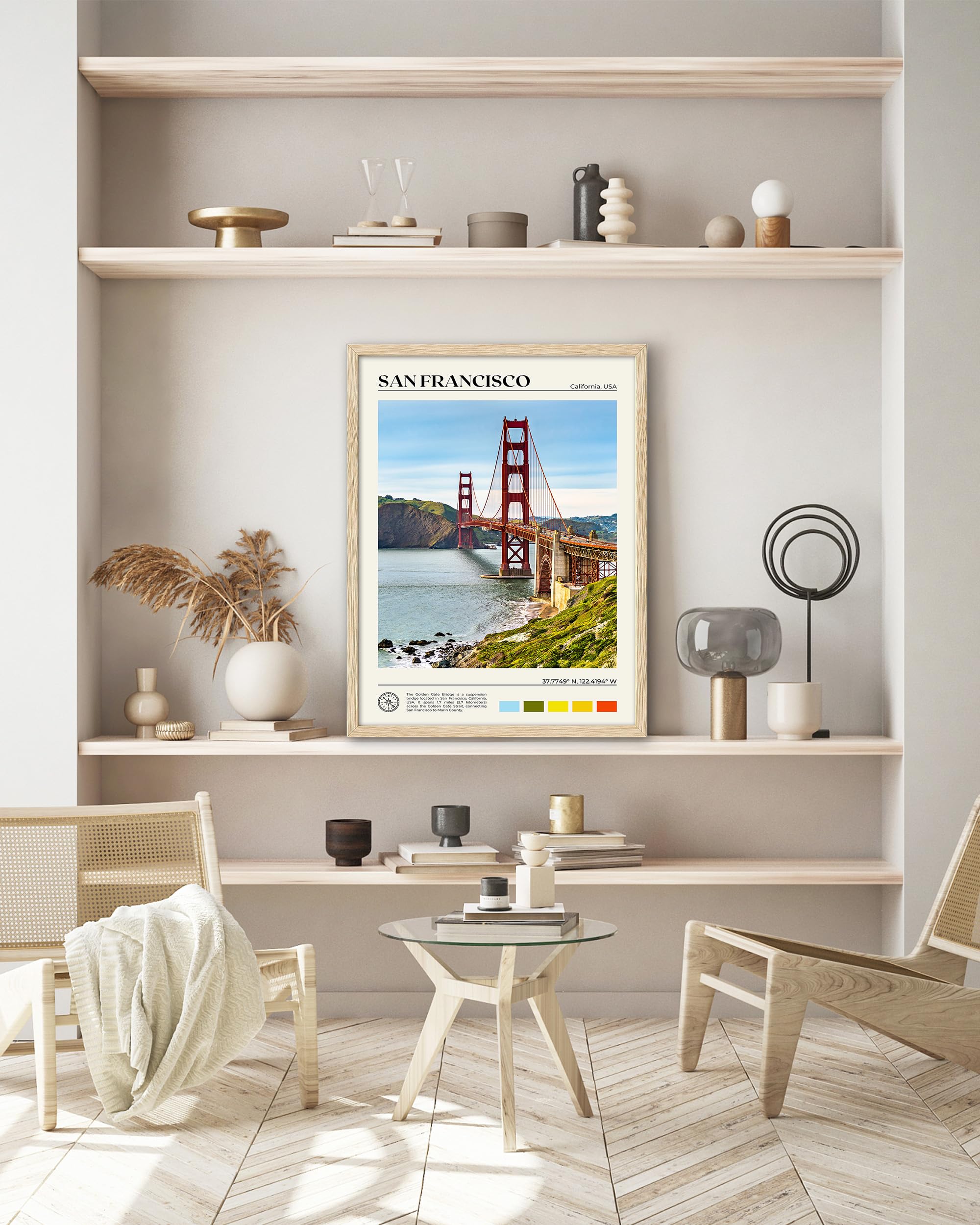 Hesendot Natural Oak Wood Golden Gate Bridge Framed Wall Art,12X16In San Francisco City Skyline Canvas Wall Print,Modern Urban L
