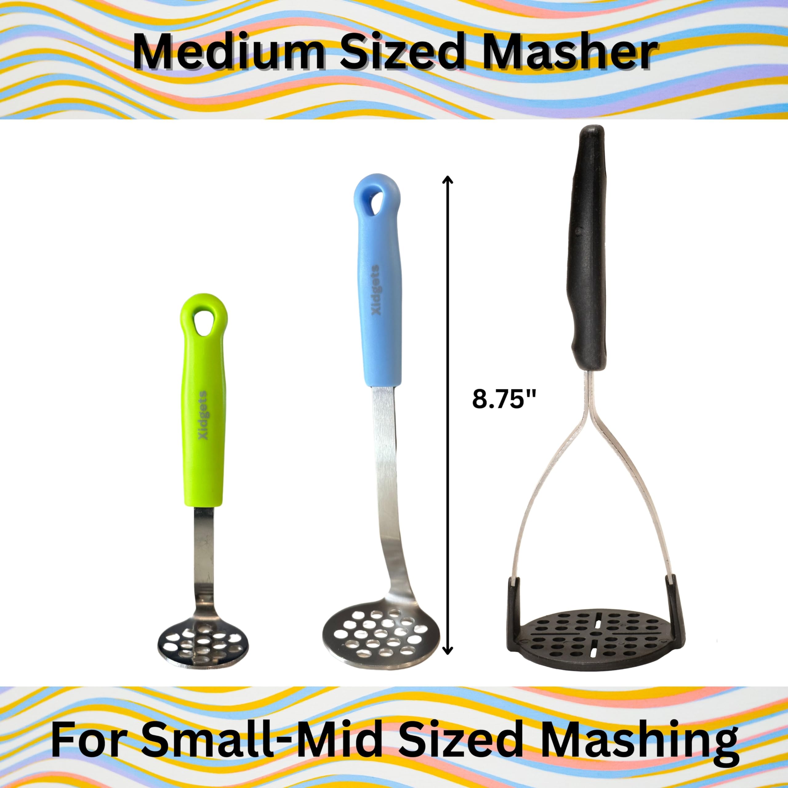 Medium Small Potato Masher Egg & Avocado Masher. Sturdy Design, Comfortable Grip, Dishwasher Safe. Stainless Steel, Lightweight