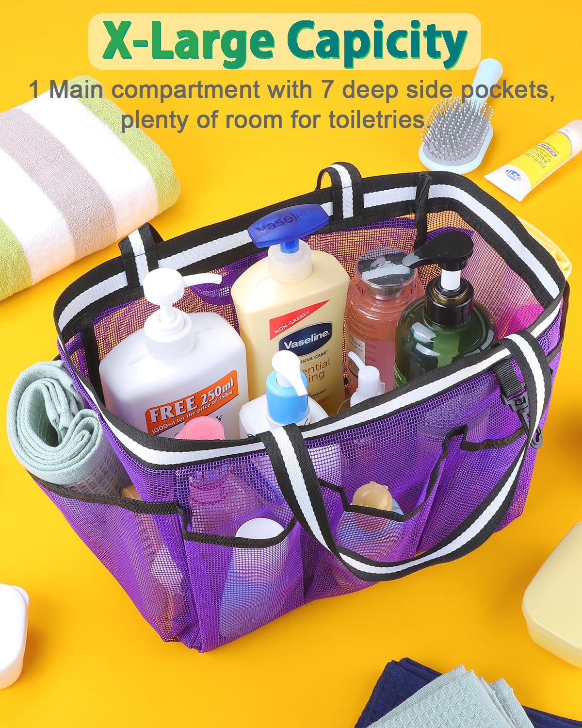 Ocim XL Portable Shower Caddy Basket - Mesh Shower Tote Bag for Travel College Dorm Gym Camping - Purple