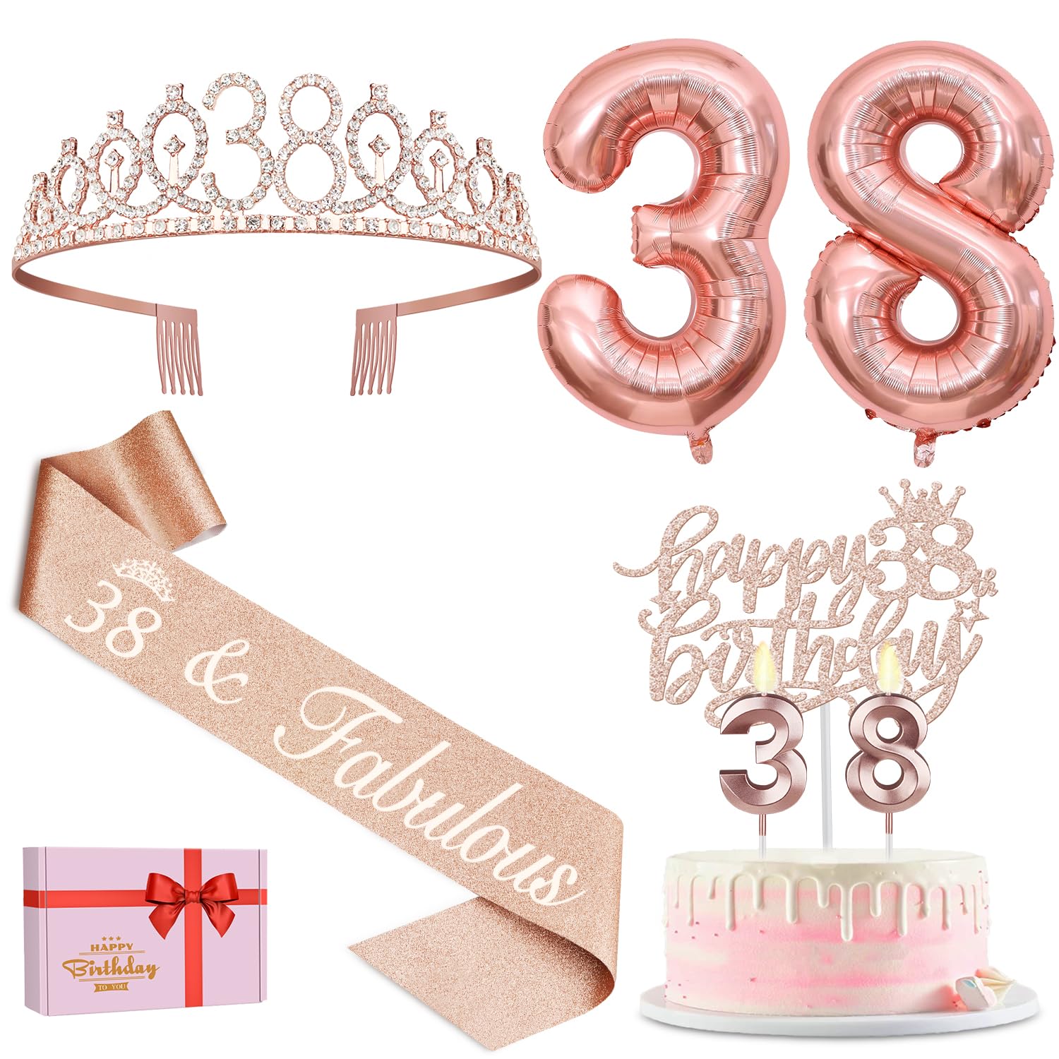 38Th Birthday Decorations For Women Including 38Th Birthday Sash, Tiara/Crown, Number 38 Candles And Cake Topper, Rose Gold 38 B