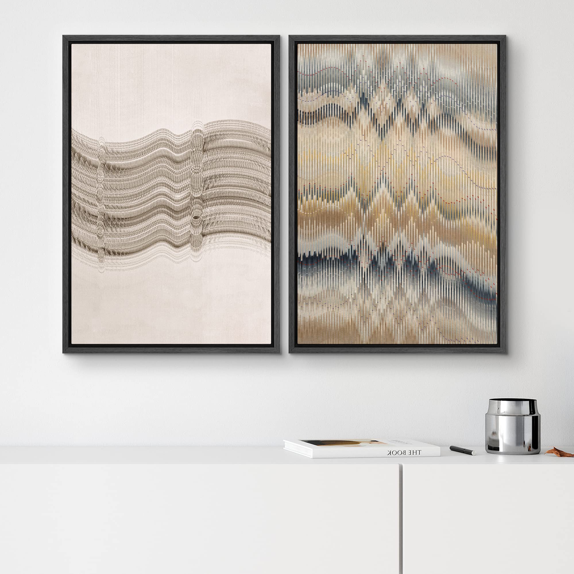 SIGNWIN Framed Canvas Print Wall Art Set Multicolor Geometric Wave Pattern Abstract Shapes Illustrations Minimalism Decorative Bohemian Relax/Zen for Living Room  Bedroom  Office - 24''x36''x2 Black