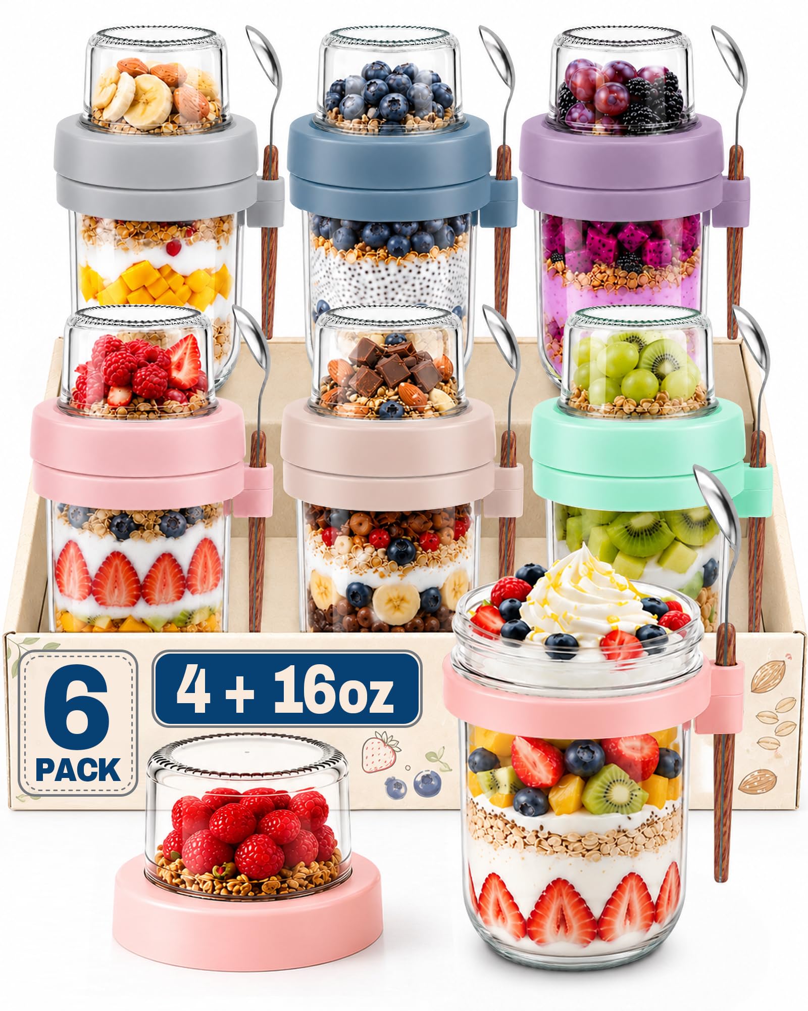 Overnight Oats Container, 20 oz (16+4) Glass Jar with Spoons, Jar with Lid