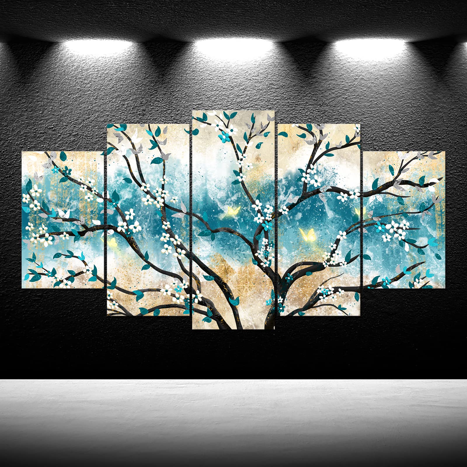 iKNOW FOTO Huge 5 Panel Canvas Print Blue Leaf with Yellow Butterfly White Rose Canvas Art Painting Teal Abstract Wall Art Flower Picture on Canvas Contemporary Artwork 60x32inch